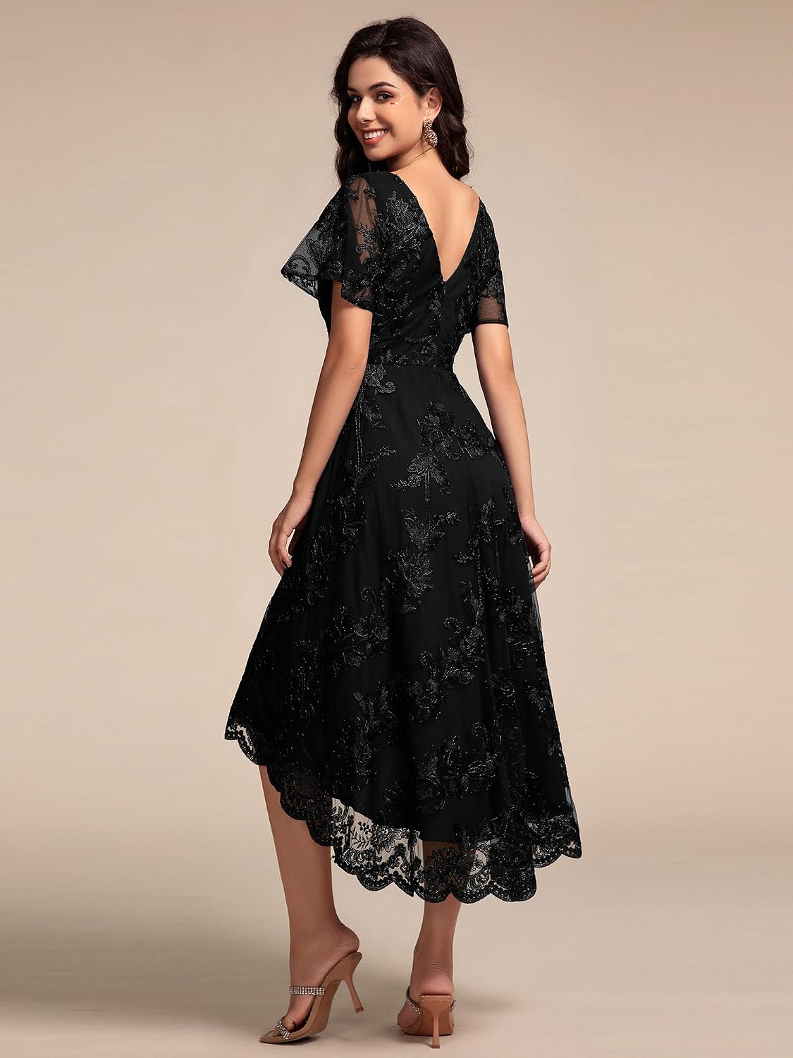 Ever-Pretty Women's Wedding Guest Dress V Neck Ruffles Sleeves Embroidery High Low Formal Dresses 02255