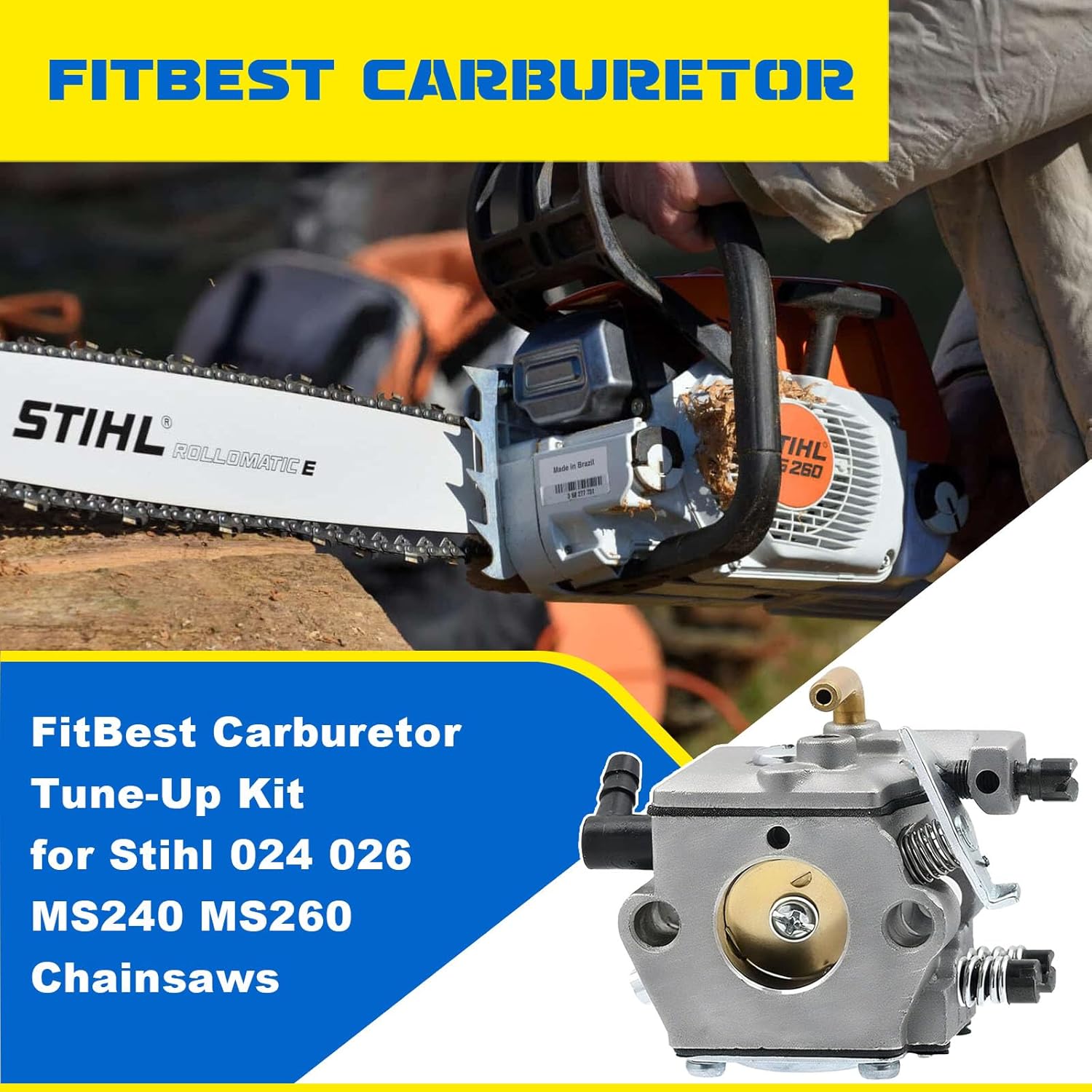 FitBest Carburetor Tune-Up Kit for Stihl 024 026 MS240 MS260 Chainsaws – Replacement for #11211200611 / Walbro WT-194/WT-194-1