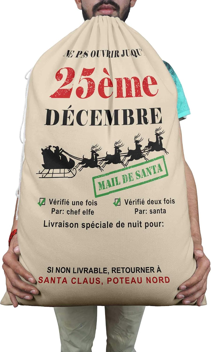Printtoo 2 Pcs Large Santa Sacks with Drawstring Canvas Xmas Gifts Bags for Kids Christmas 27x20 Inch
