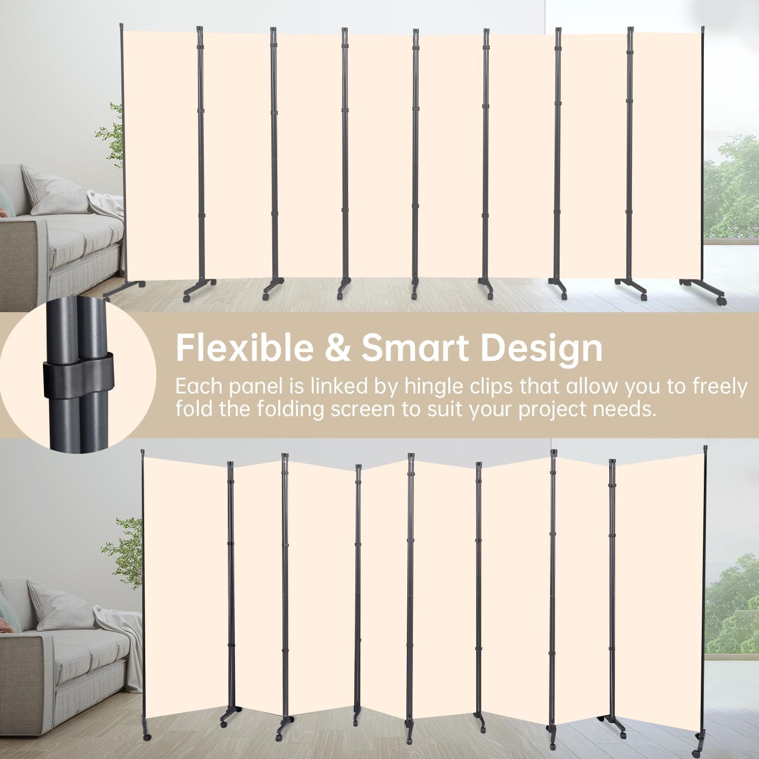 Room Divider 8 Panel Room Dividers/Wheels, Fabric Room Divider Panel for Office Room Partitions and Dividers, Portable Partition Wall Divider for Room Separation, Freestanding Privacy Screen Indoor