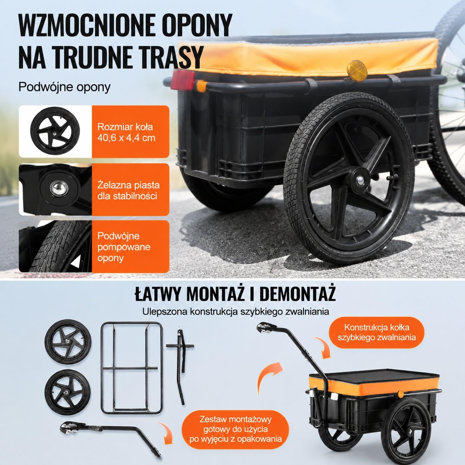 Przyczepka rowerowa bagażowa, udźwig 40 kg, składany wózek transportowy z uniwersalnym zaczepem do zakupów i kempingu