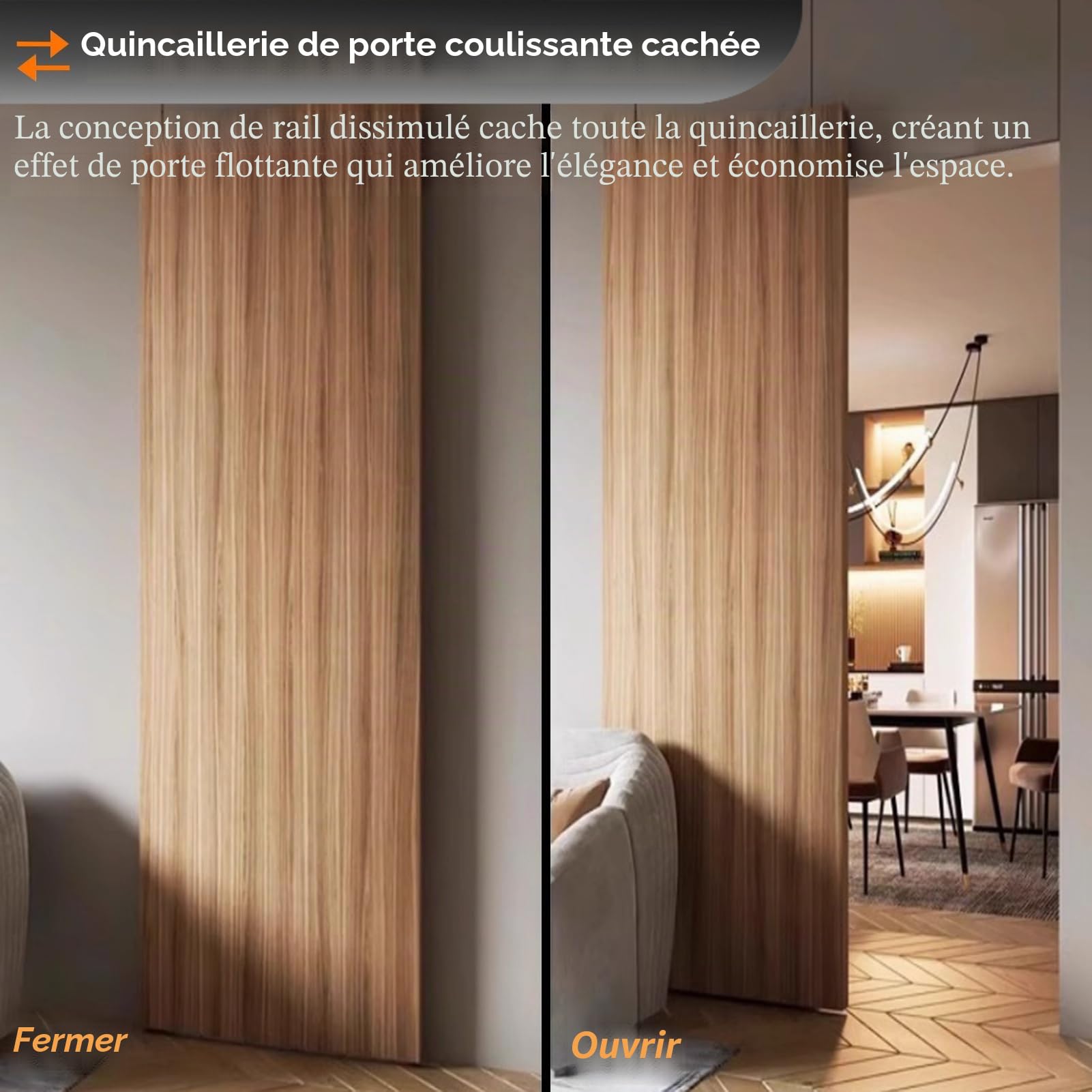 Kit de quincaillerie invisible pour porte coulissante avec mécanisme de fermeture douce pour portes de placard modernes et portes escamotables