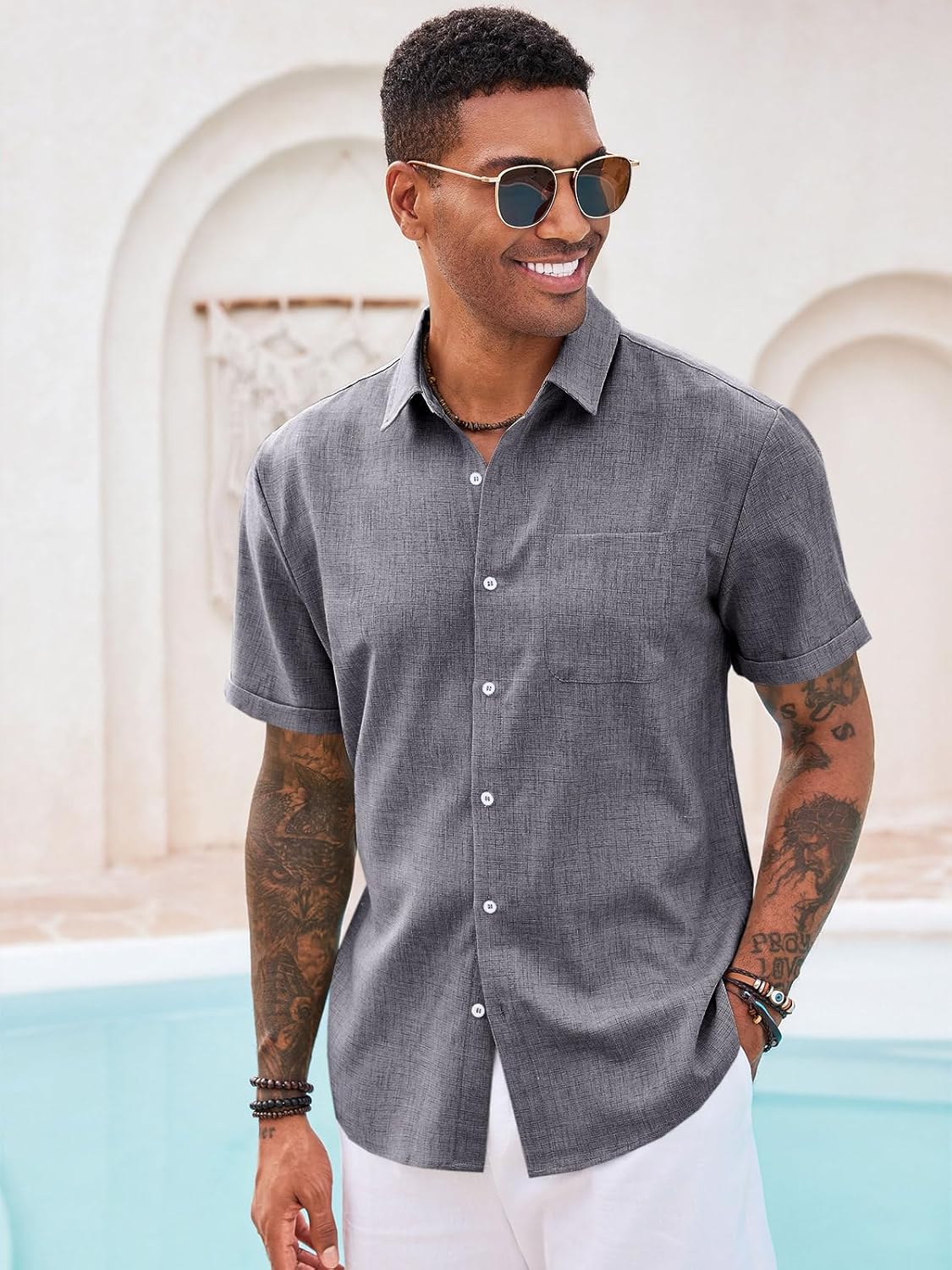 Runcati Mens Button Down Shirt Short Sleeve Casual Summer Beach Wedding Tops - Image 3