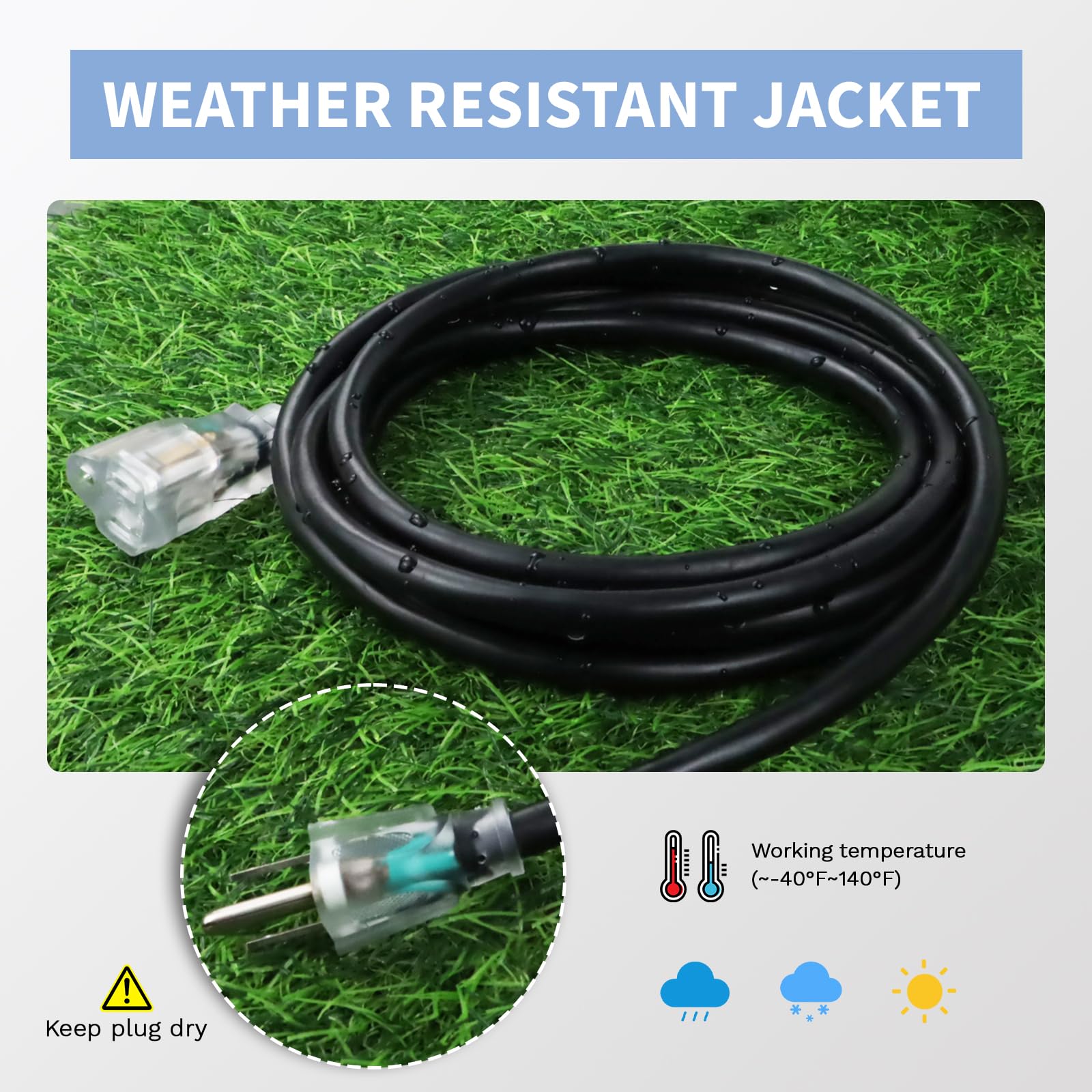 SJTW - Cavo di prolunga illuminato per esterni, 14/3, 3 m, resistente, colore nero, calibro 14 con spina di messa a terra a 3 poli, ideale per prato, giardino e elettrodomestici