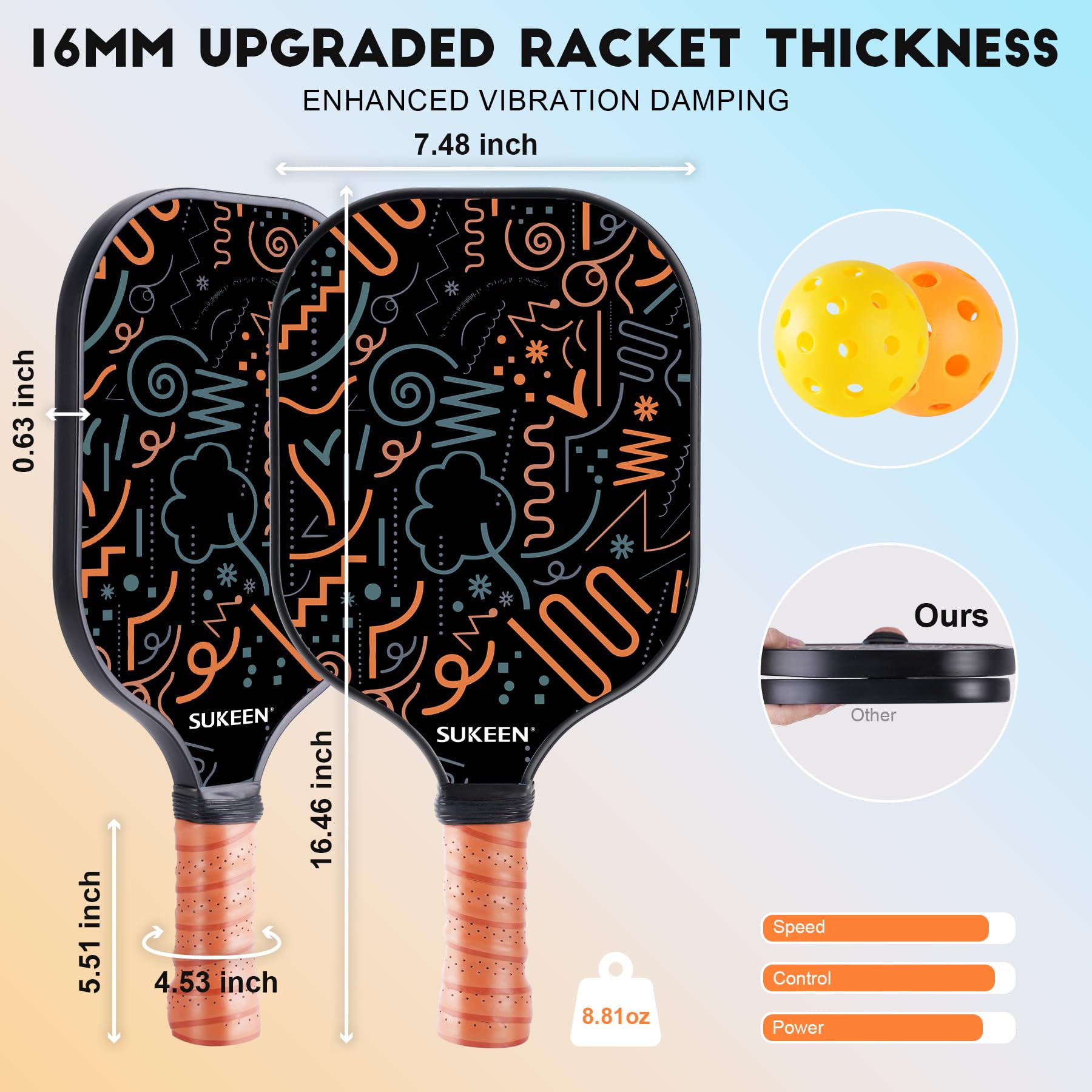 Sukeen Pickleball Paddle, Leichter T700 Carbon Fiber Pickleball Schläger, 16 mm verstärkter Polypropylen-Wabenkern, Fokus auf Rotation und Kontrolle, entwickelt für Anfänger und Profis