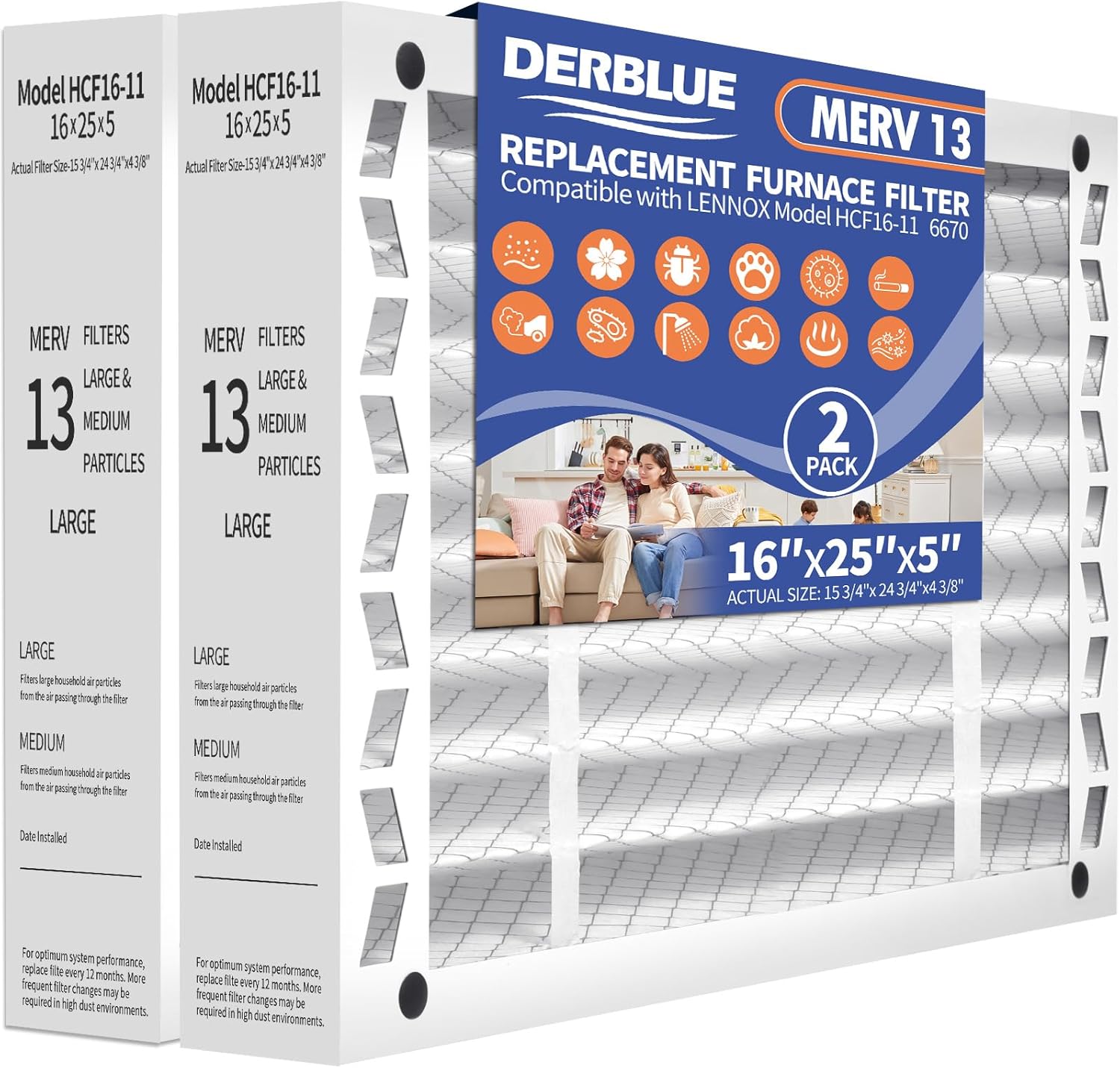 DerBlue 2PACK 16x25x5 MERV 13 Furnace Filter Replacement Compatible with Lennox X6670 HCF16-11 Pleated HVAC,Foldable Design for Easy Installation & Space-Saving(Actual Size: 15.75 x 24.75 x 4.38in)