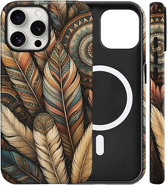 Magnetic for iPhone 15 Pro Case Cute Tribe Feathers Phone Case, Western Fall Flower Design Shockproof Slim TPU and Hard PC Protective Phone Cover Compatible with MagSafe Designed for Women