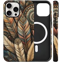 Magnetic for iPhone 15 Pro Max Case Cute Tribe Feathers Phone Case, Western Fall Flower Design Shockproof Slim TPU and Hard PC Protective Phone Cover Compatible with MagSafe Designed for Women