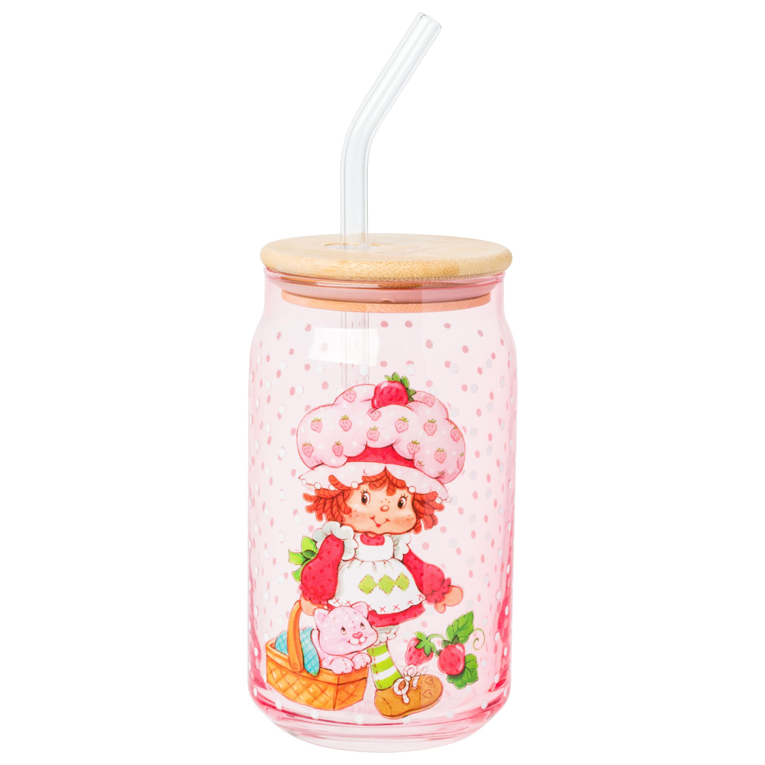 Silver Buffalo Strawberry Shortcake Pink Glass Tumbler with Bamboo Lid and Glass Straw Featuring Strawberry Shortcake and Custard, 16 Ounces