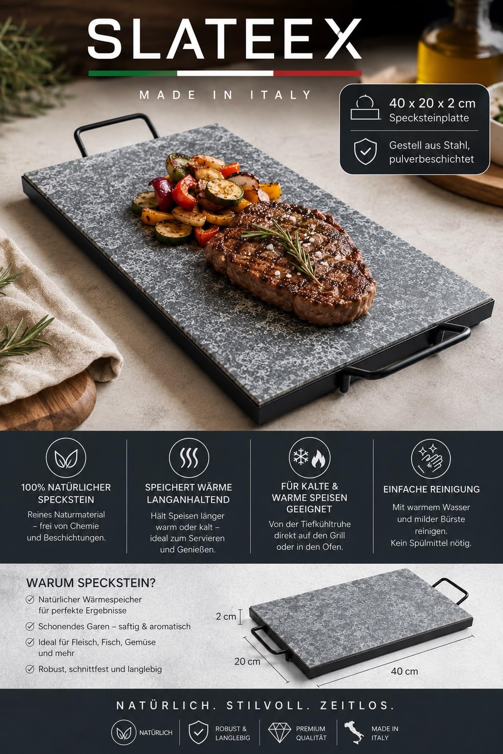 SLATEEX® Speckstein Grillplatte 40x20x2 cm mit Halterung – Original italienischer Grillstein für Gasgrill, BBQ & Steak – Naturstein Grillplatte für Fleisch, Burger & Gemüse