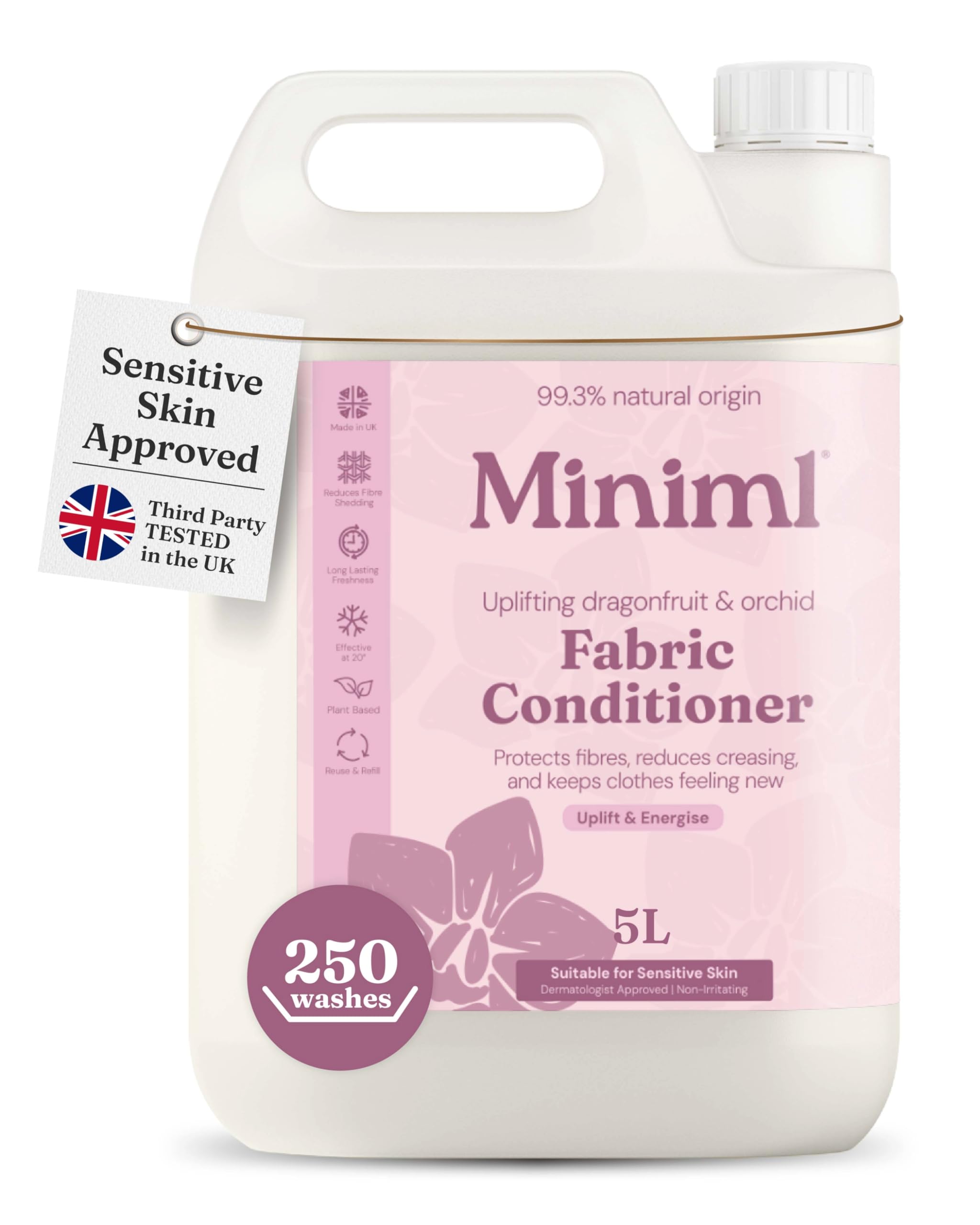 Miniml Natural Fabric Softener & Conditioner 5L Refill - Pink Dragonfruit & Orchid Scented All Natural Fabric Softener for Sensitive Skin - 100% Vegan & Cruelty Free (250 Washes)