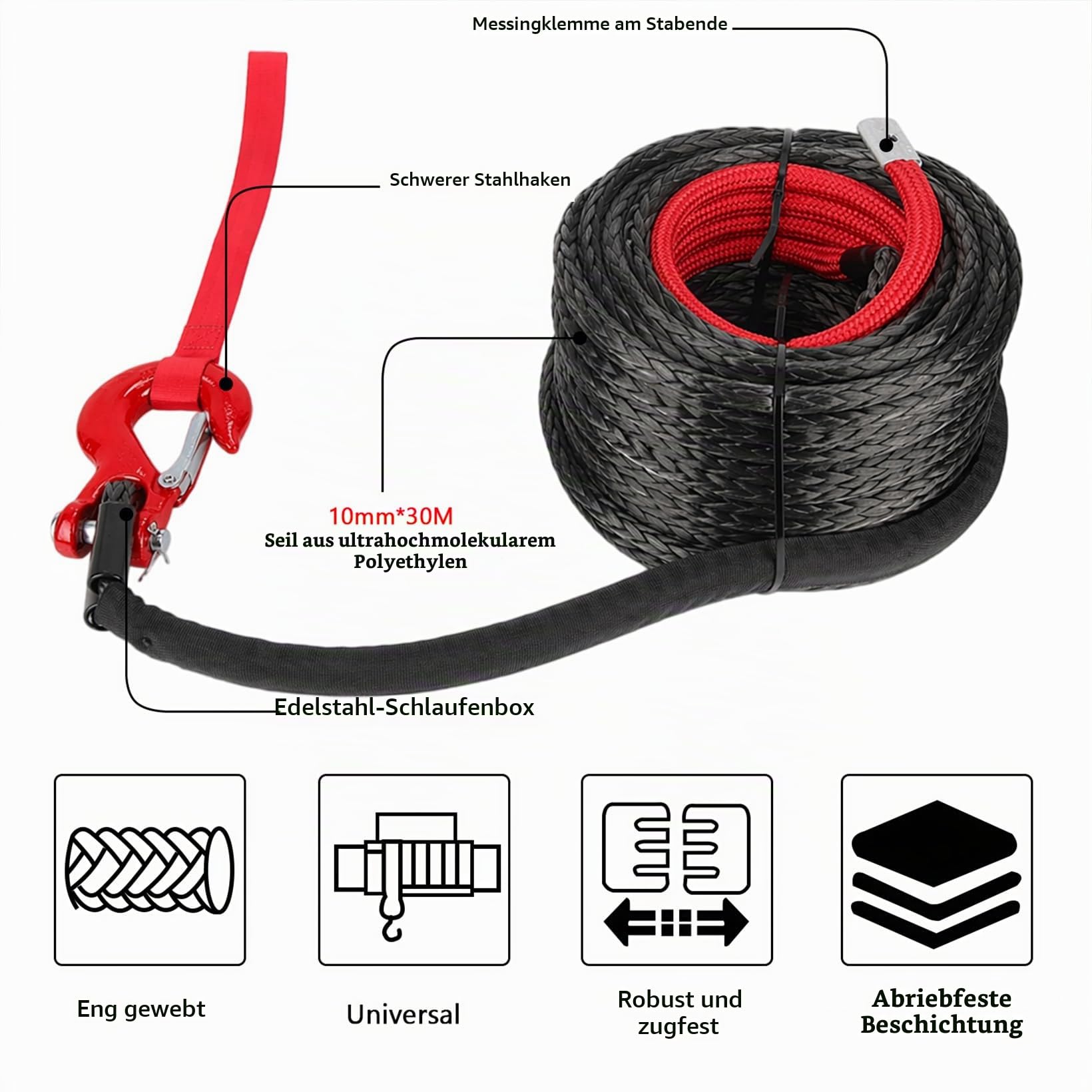 Kunststoffseil Windenseil, 8mm x 15m Abschleppseil, 12-Strand Synthetikseil mit Schutzhülle und Metallhaken, Forstseil Maximale Zugkraft 6000KG/13228 LBS, für ATV UTV SUV LKW Boot Offroad