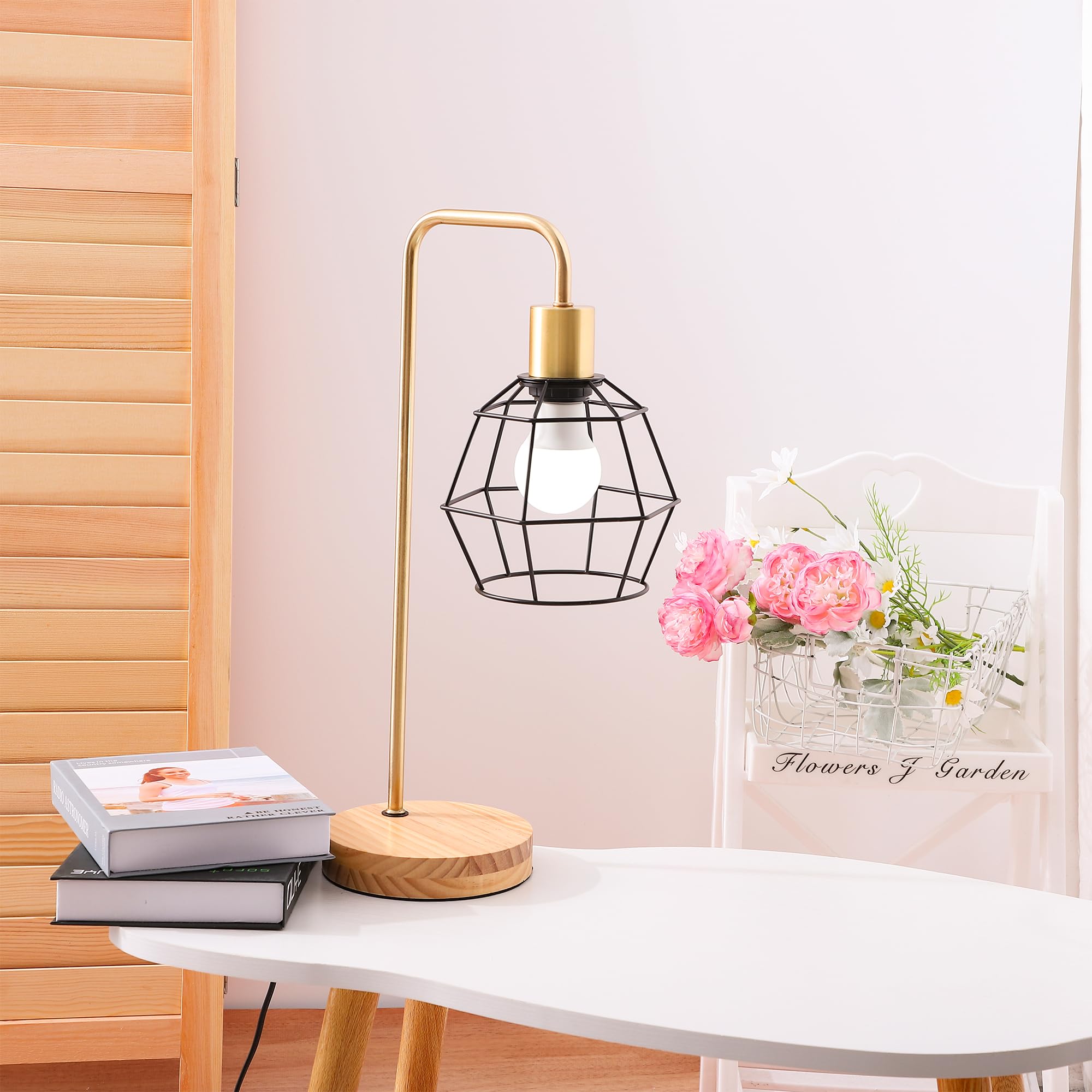 Kuber Industries Aesthetic & Modern Bedroom Lamp for Side Table | Office & Desk Table Lamp for Living Room and Home Decor with Iron Frame & Wooden Base | Natural Wooden Brown-SD03A