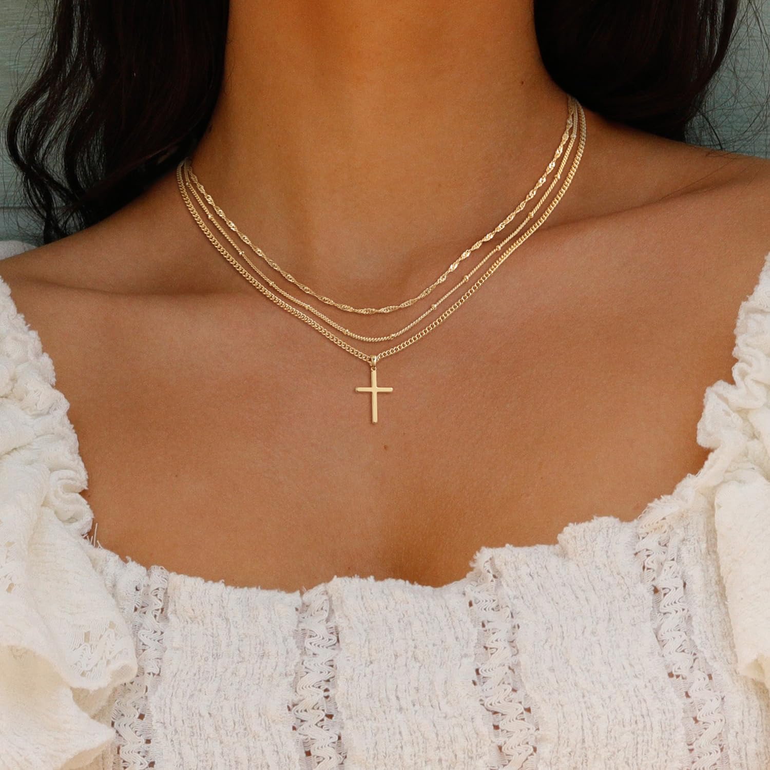 Cross 14K Gold Plated Layered Choker Neckalce for Women Dainty Cross Layering Pendant Necklace 14K Gold Plated Simple Trendy Jewelry for Women - Image 4