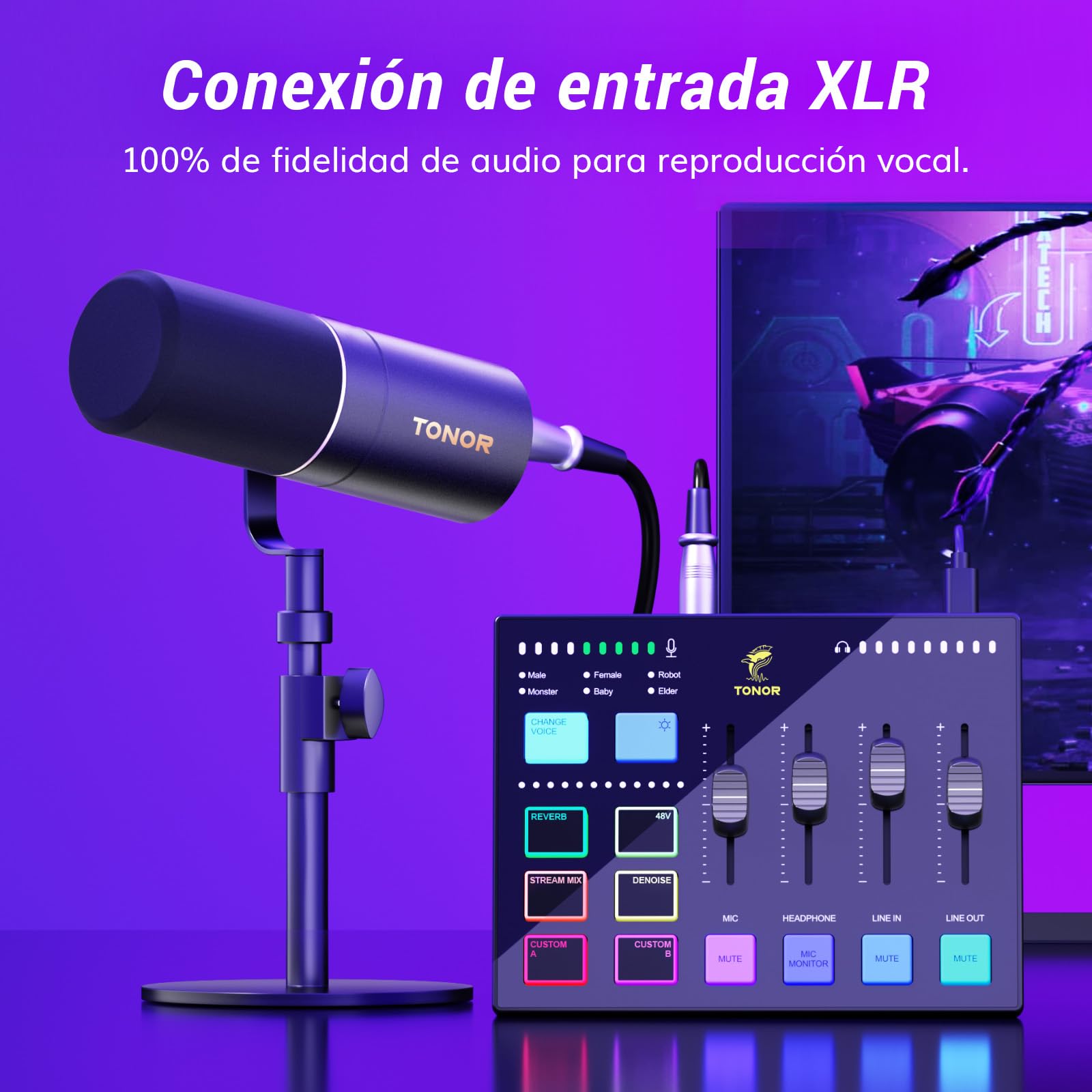 TONOR Gaming Audio Mixer PC, Mezclador RGB con Canal XLR y 6,35 mm para Streaming, Podcast, Grabación, Interfaz de Audio para TikTok, YouTube, Twitch, Control de Volumen Individual, Botón de Silencio