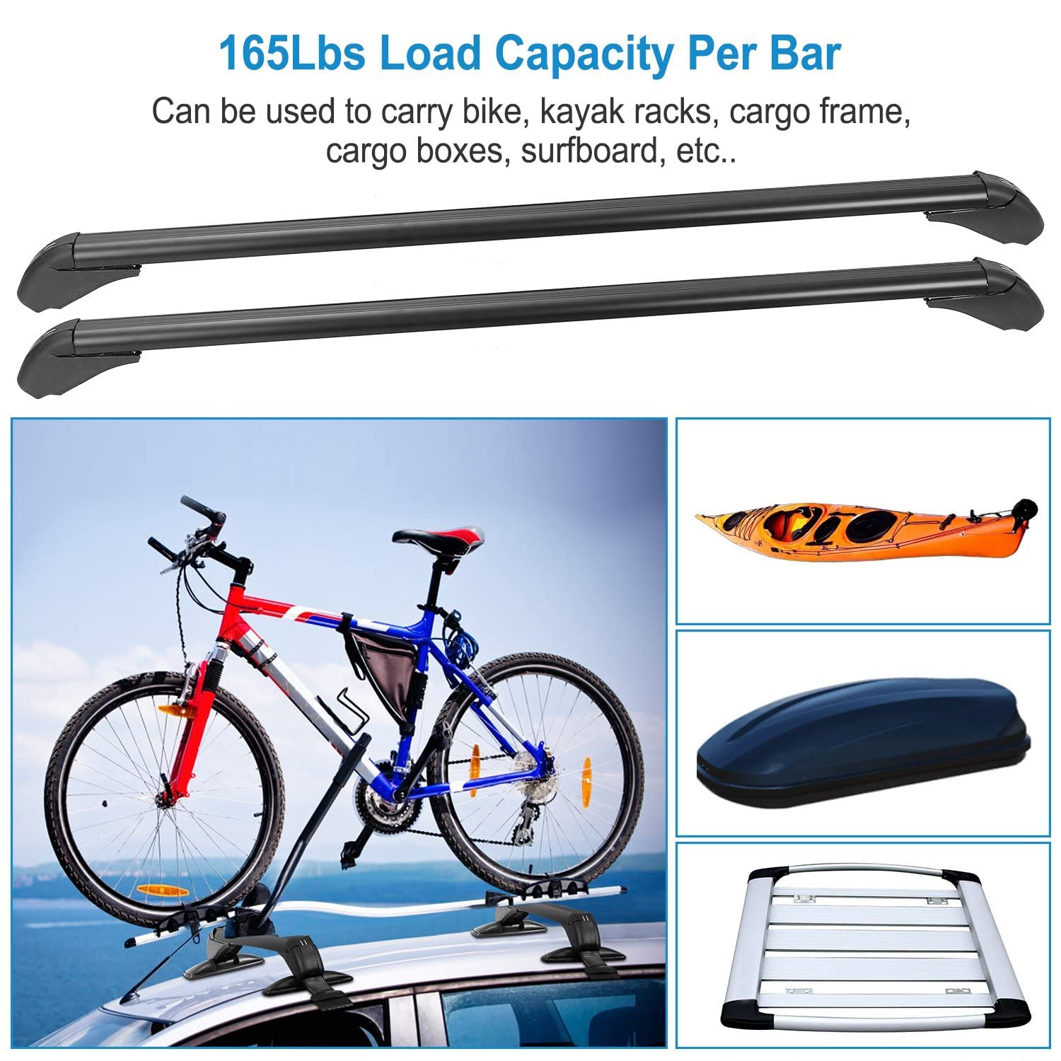 Universal Roof Rack Cross Bars, 43" Aluminum Lockable Car Top Crossbars with Anti-Theft Lock, Adjustable Window Frame for 42.9-44.9inch Bare Roof Kayak Bike Cargo Luggage Rooftop, 165LBS Load