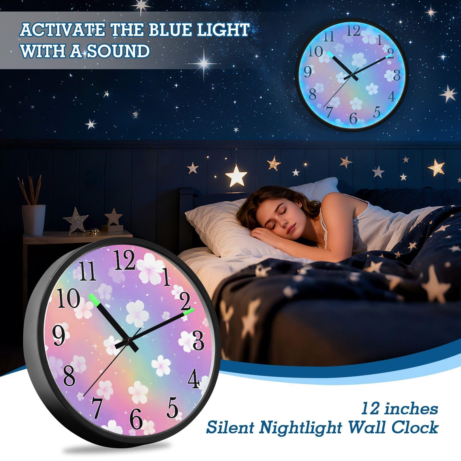 Mnsruu Reloj de pared luminoso con diseño de flores y arcoíris con purpurina, funciona con pilas, reloj silencioso que brilla en la oscuridad, para sala de estar, cocina, 12 pulgadas