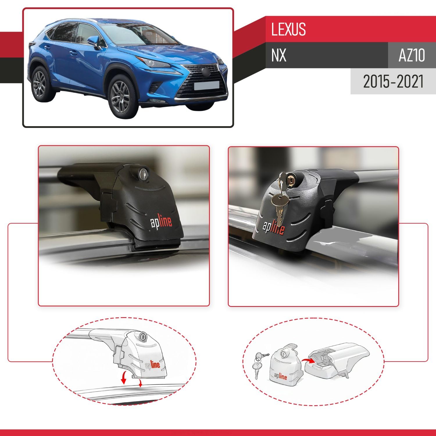 Kompatybilny z Lexus NX 200 NX 300 (AZ10) 2015-2021 model ACE-2, bagażnik dachowy, bagażnik, szary, aluminium, 2 drążki