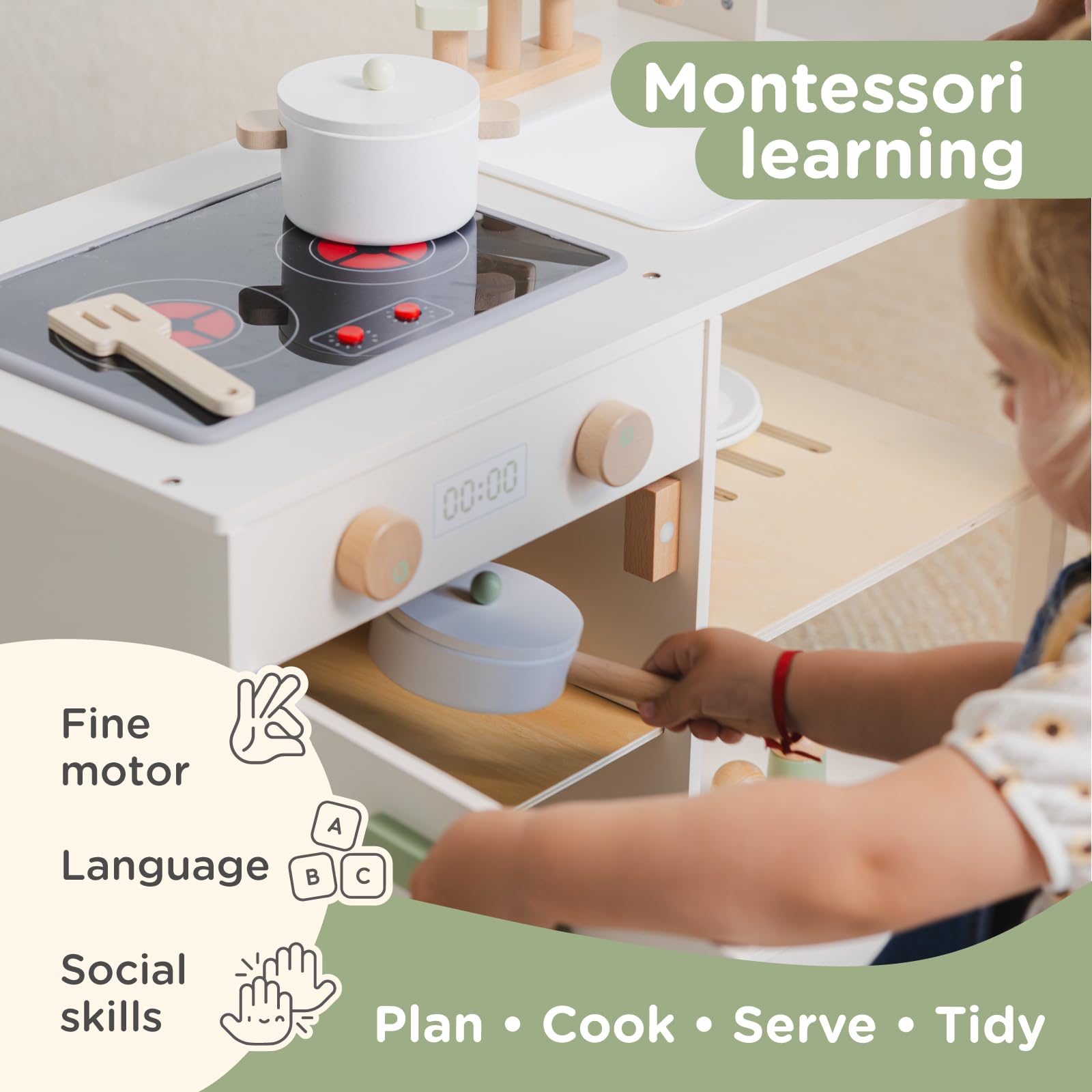 Nene Toys Drewniana Kuchnia dla Dzieci z Światłem i Dźwiękiem – Kuchenka, Zlew, Mikrofala, Piekarnik, Półki i Haczyki + Akcesoria – Montessori 3+ – Prezent dla Dziewczynek i Chłopców