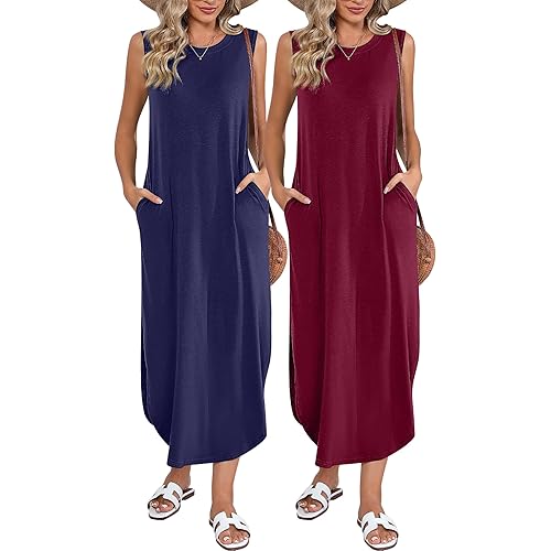 2 Pcs Women's Maxi Dress Sleeveless Sundress Women Long Dress Split Maxi Dresses Womens Beach Maxi Dress with Pockets