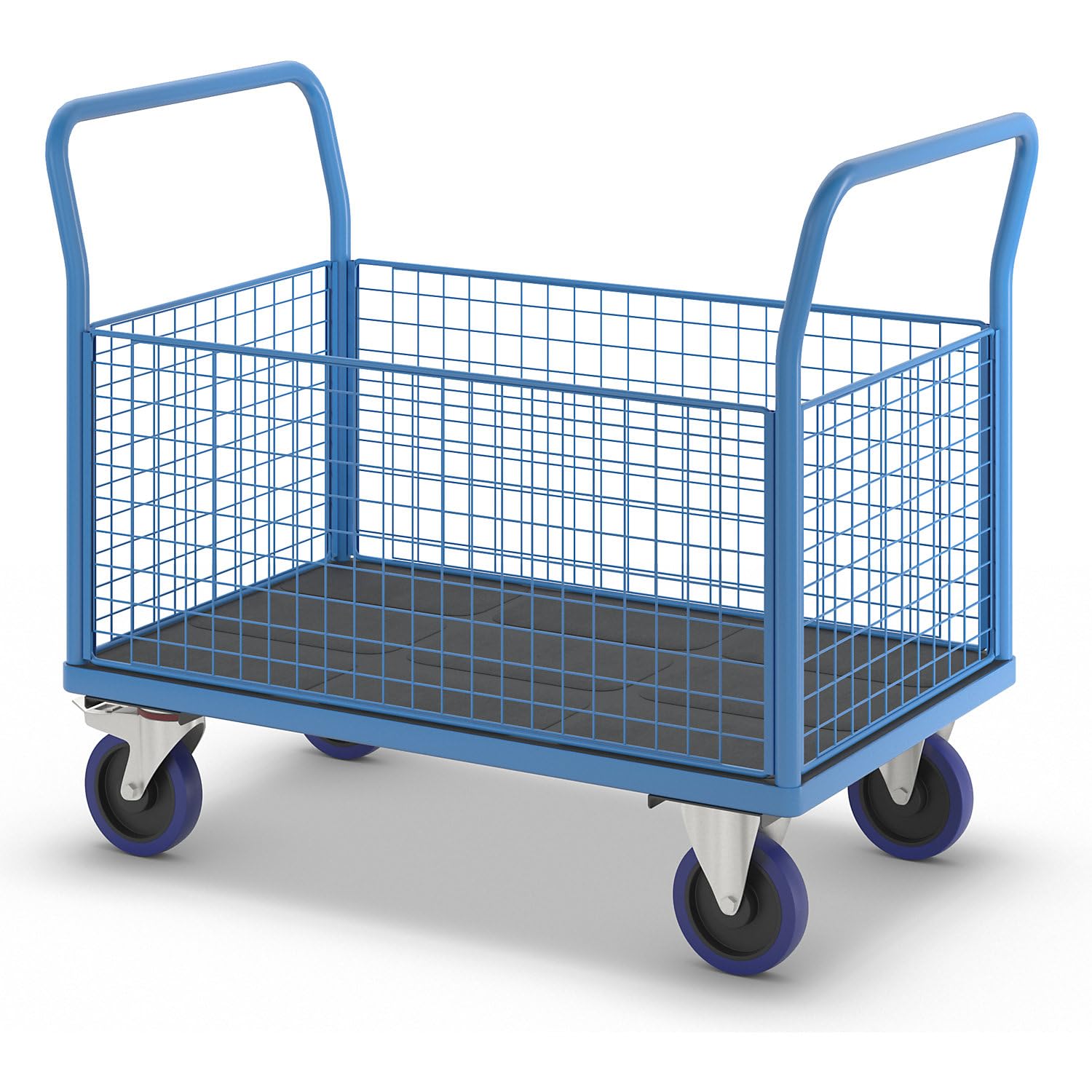 eurokraft pro | Plattformwagen mit Gitterwänden | Vollelastik-Rollen, 4 hohe Gitter, LxB 1200 x 750 mm
