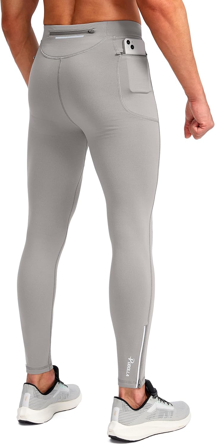 Pudolla Men's Thermal Running Tights with 3 Zipper Pockets Workout Compression Leggings Cycling Pants for Men Hiking Jogging