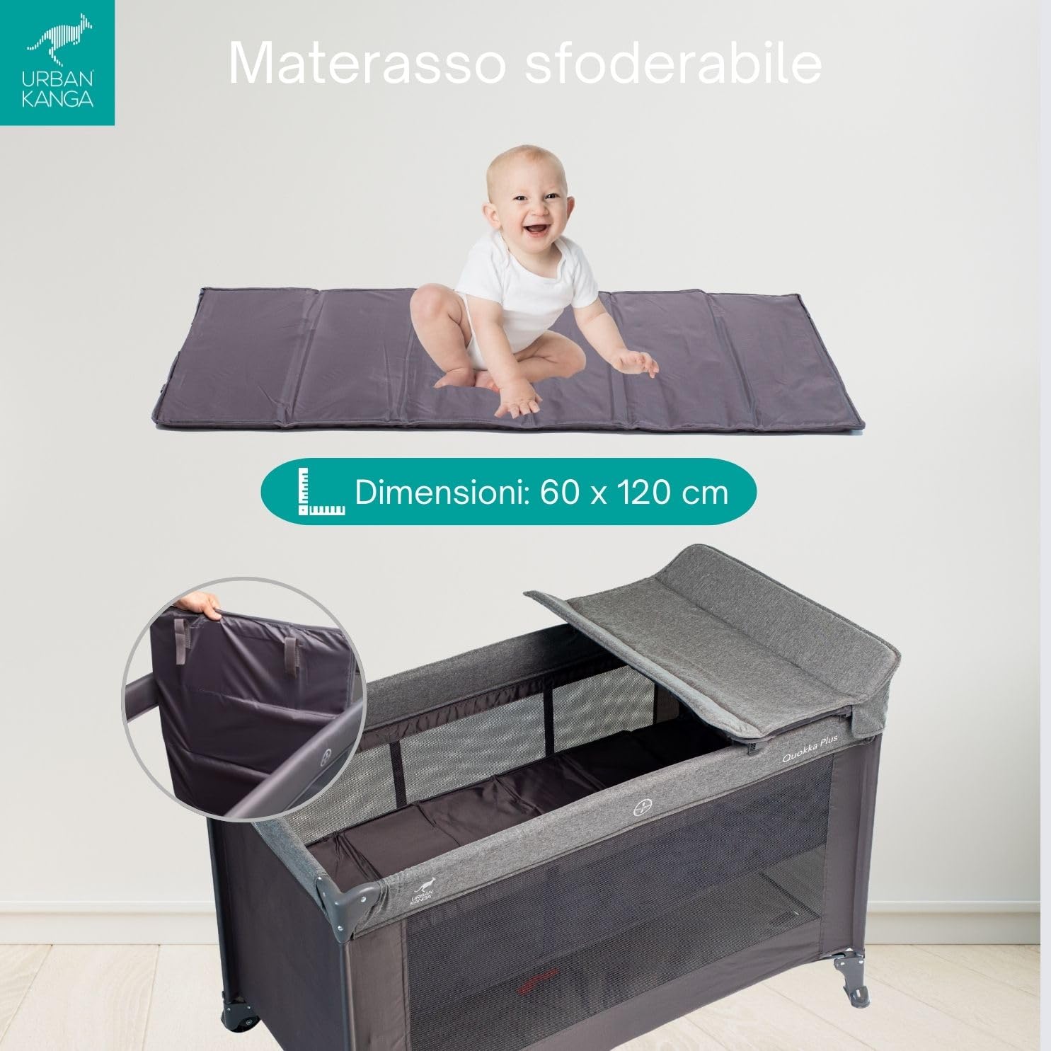 Urban Kanga QK Plus Lettino de Campeggio Neonato con Fasciatoio (QK Plus, Grigio)