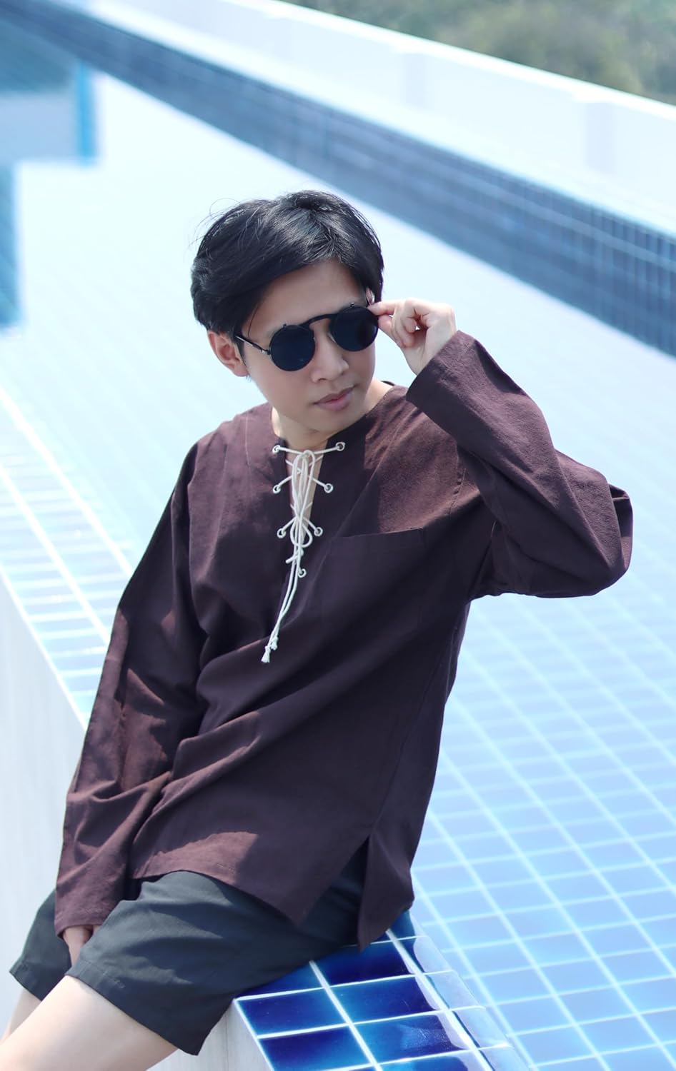 Full Funk Cotton Linen Mens Casual Lace Up Shirt Beach V Neck Tee Shirts