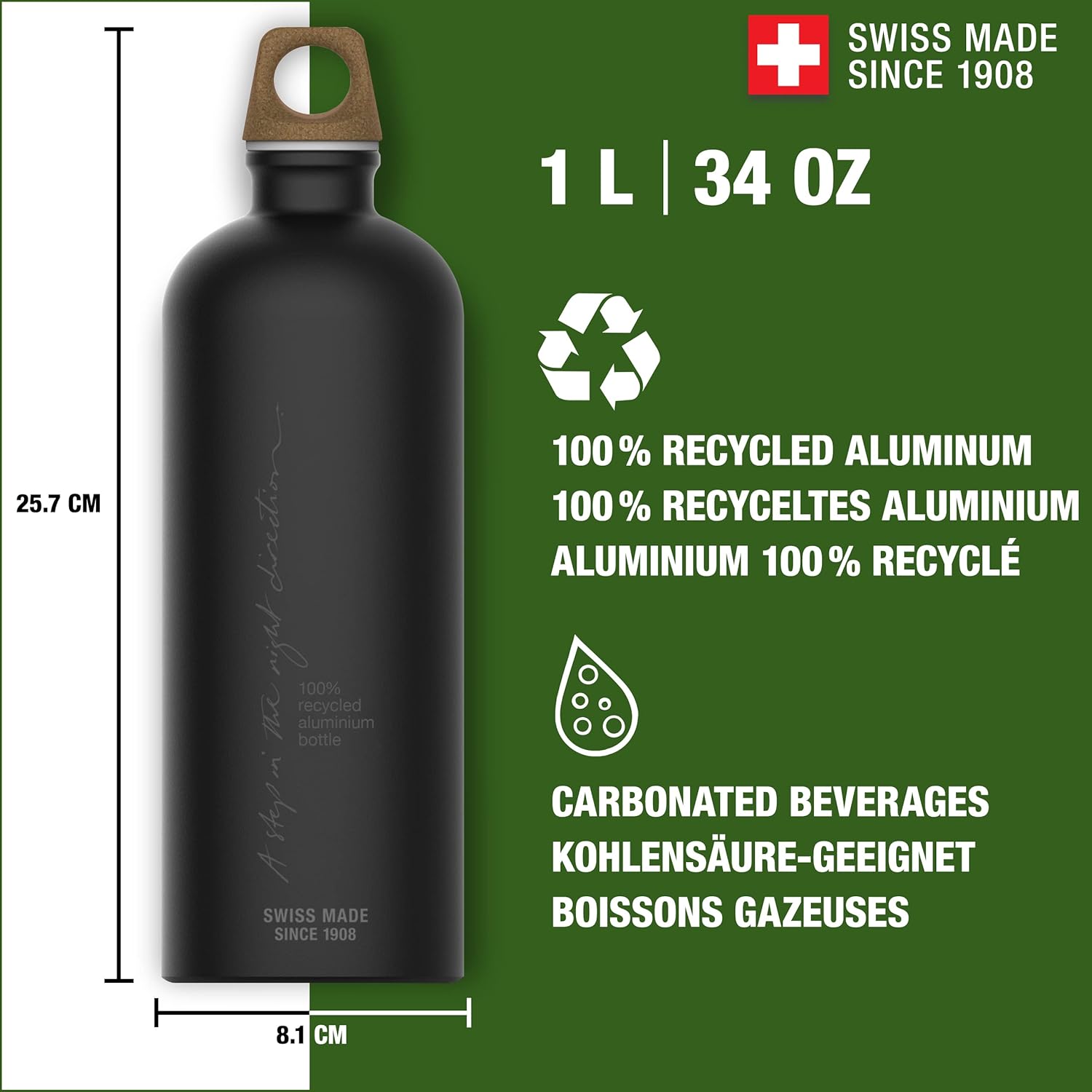 Recycled Metal Water Bottle - Traveller MyPlanet - Made in Switzerland - Carbonated Drinks - Lightweight 20, 34Oz