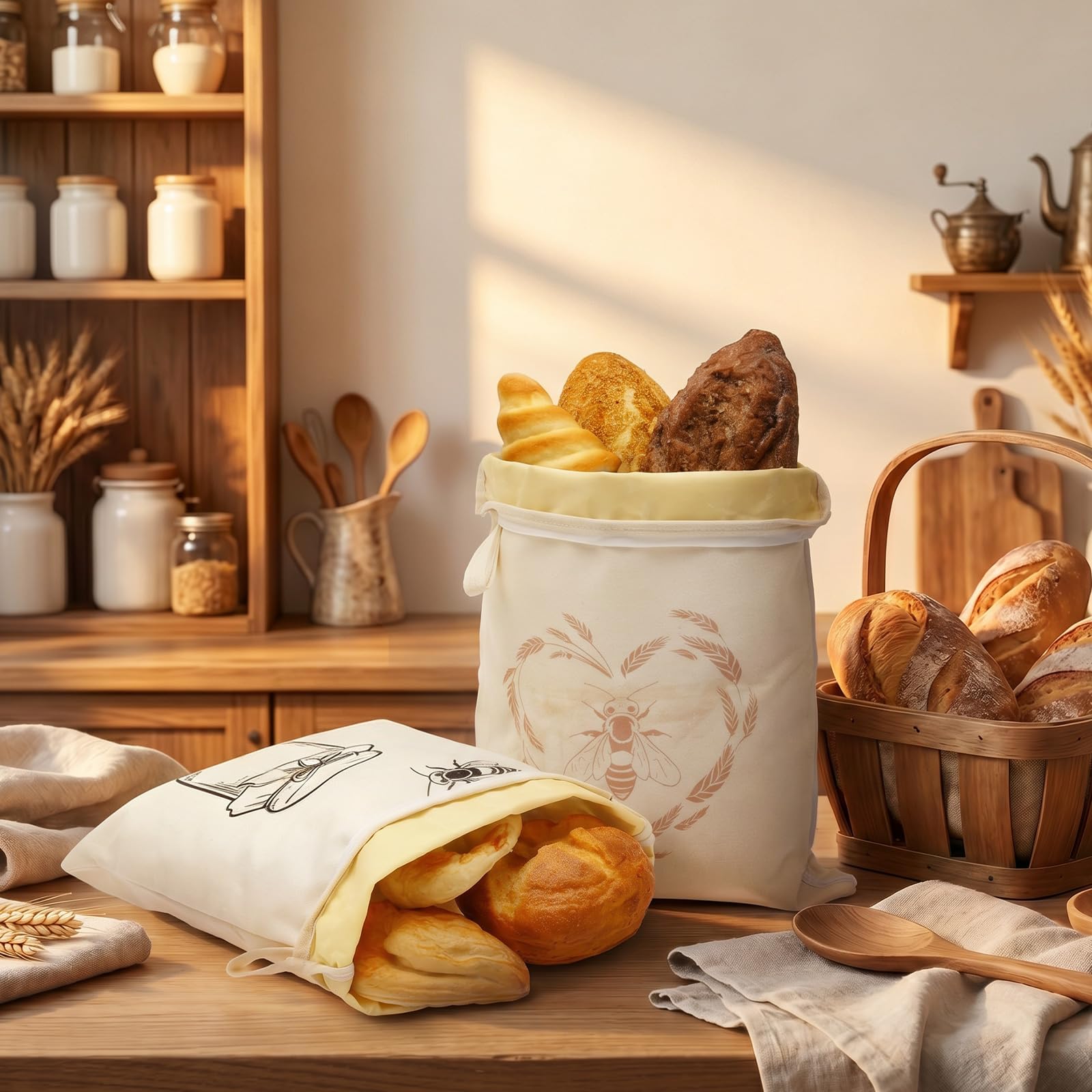 2Pcs Beeswax Bread Bags,43x33cm Reusable Beeswax Linen Cotton Bread Storage Bags to Keep Breads Fresh with Wide Zipper Access for Homemade,Sourdough & Fresh Breads
