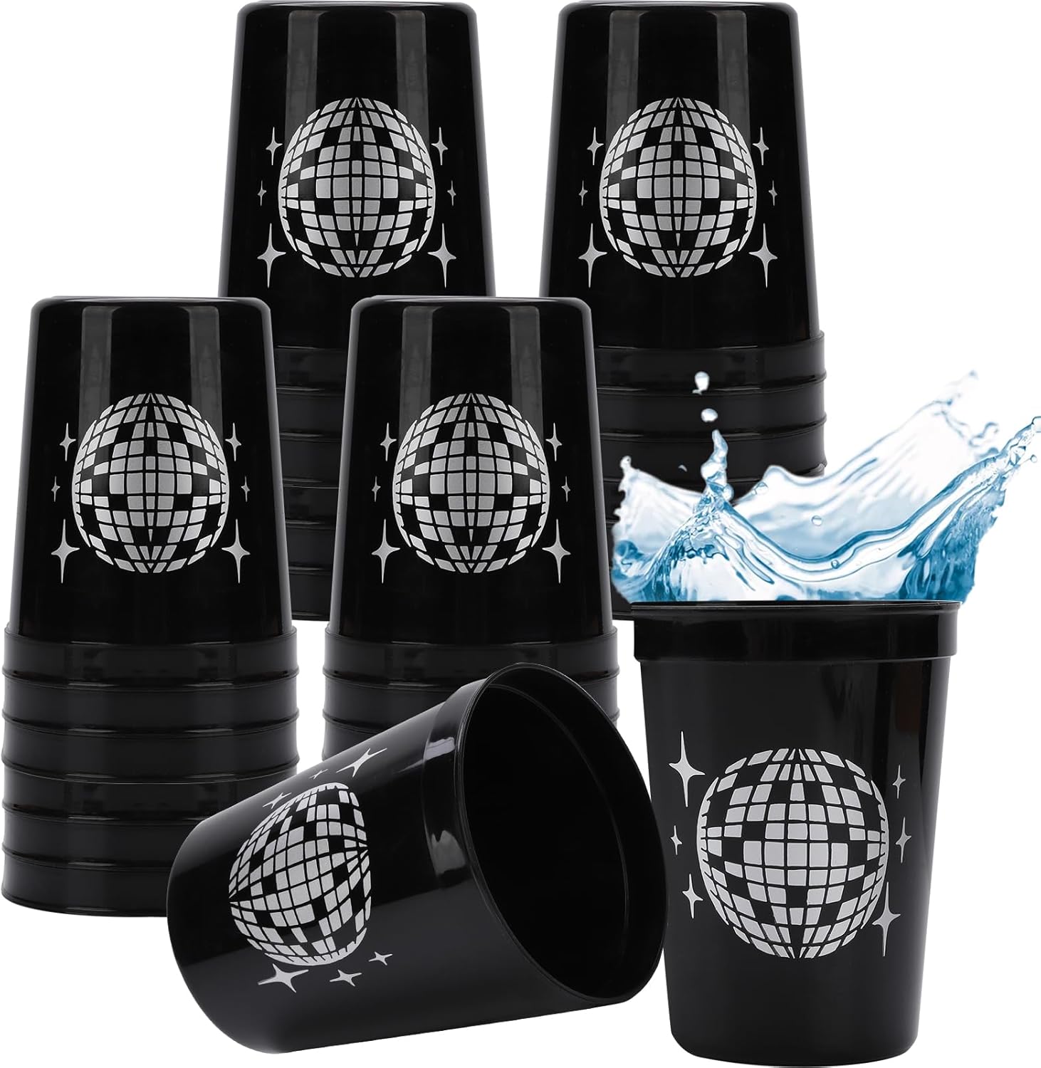40 Pcs 16 oz Disco Ball Cups Black, Reusable Plastic Party Cups for Disco Cowgirl Bachelorette Birthday Wedding Bridal Shower 70s 80s 90s Party Favors Supplies(Black)