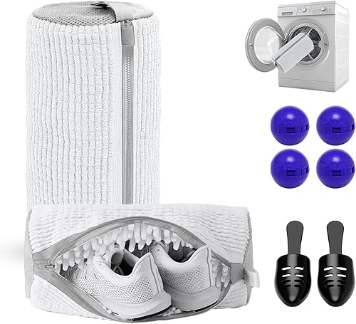 2 bolsas para lavadora de zapatos con par de árboles de zapatos y 4 bolas desodorantes, bolsa reutilizable con cremallera duradera para lavado de