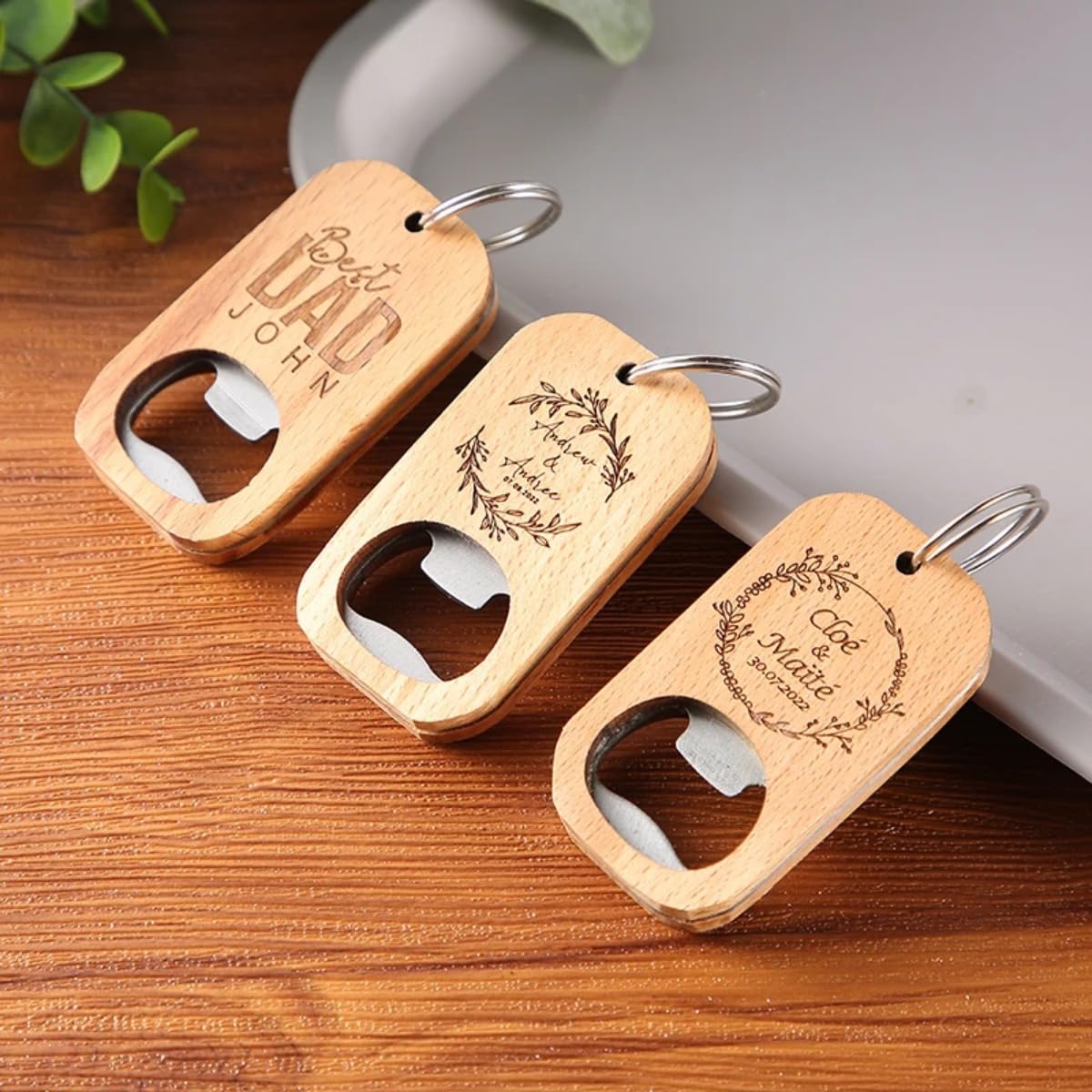 Abridor de botellas de madera grabado personalizado, abrebotellas de madera grabado personalizado para bodas (50 unidades)