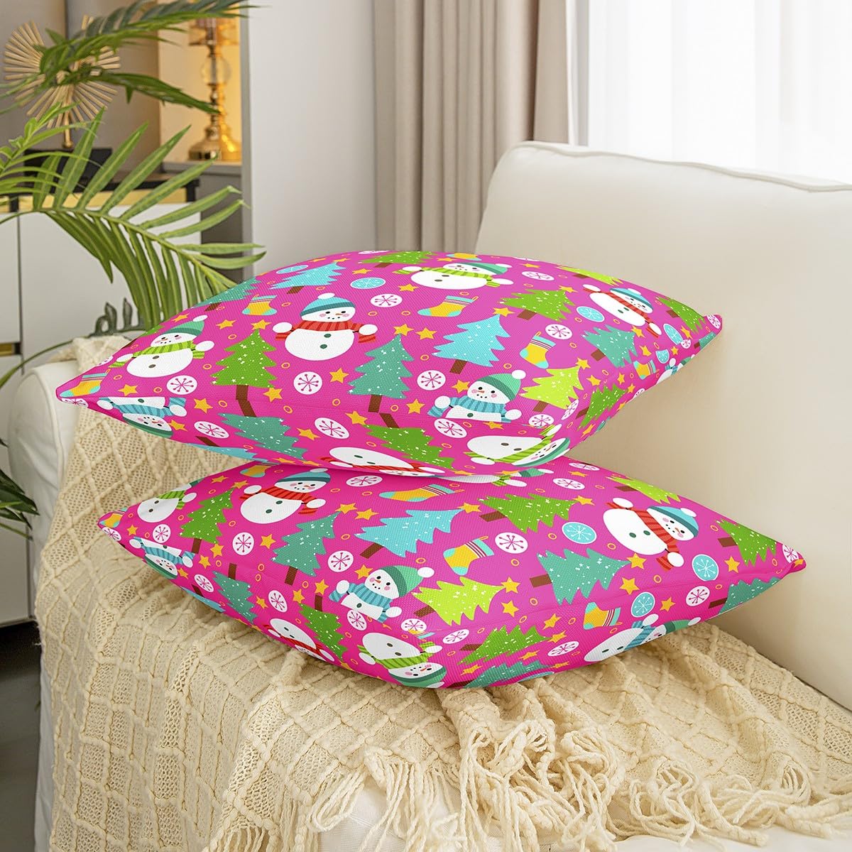 Homemissing Juego de 4 fundas de almohada navideñas de 50 x 50 cm, diseño de muñeco de nieve, para sofá, cama, silla, coche, copo de nieve, árbol, funda de cojín suave para invierno y exteriores