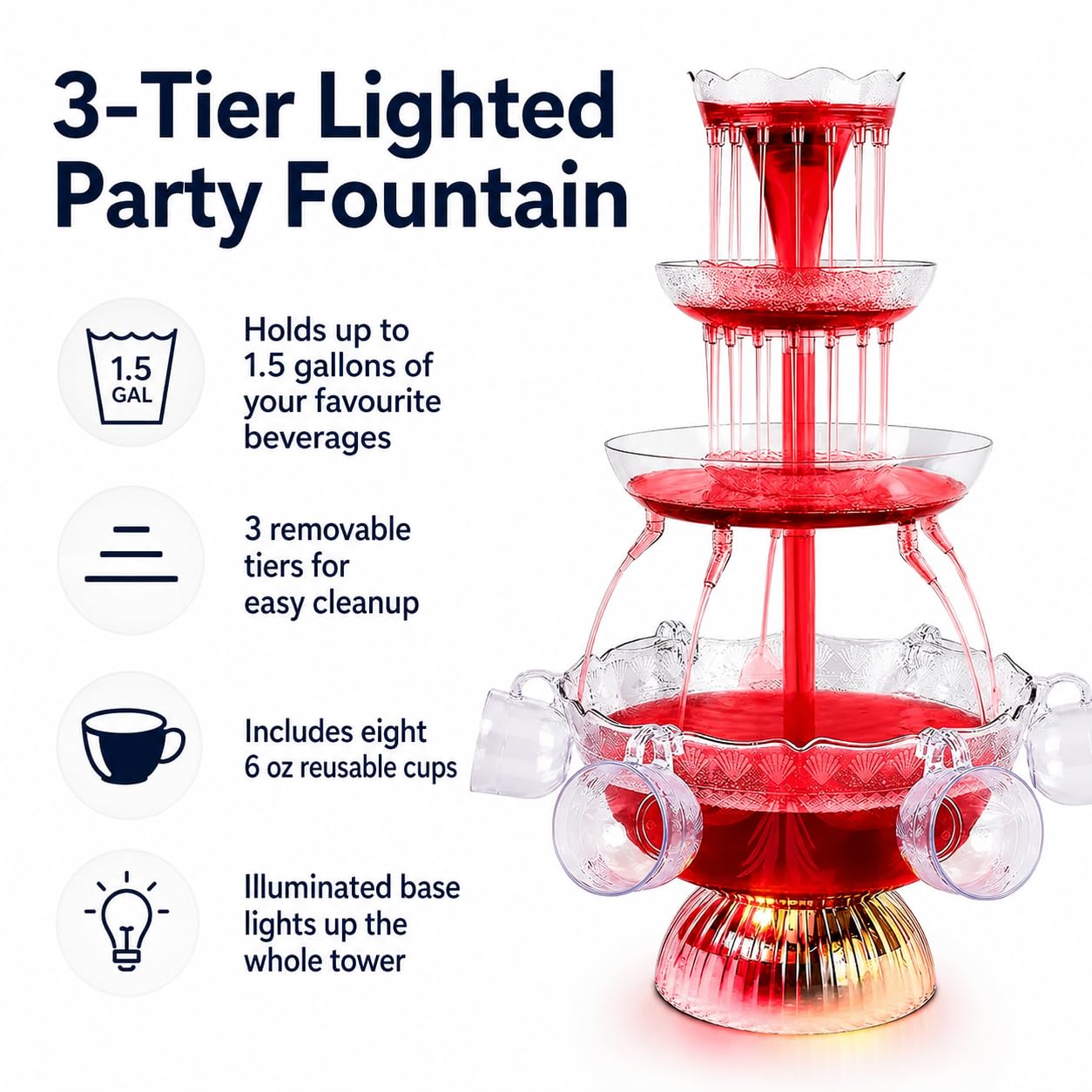 Fontana elettrica per cocktail con base a LED e 5 tazze per champagne, vino, birra e succhi di frutta, per feste e matrimoni