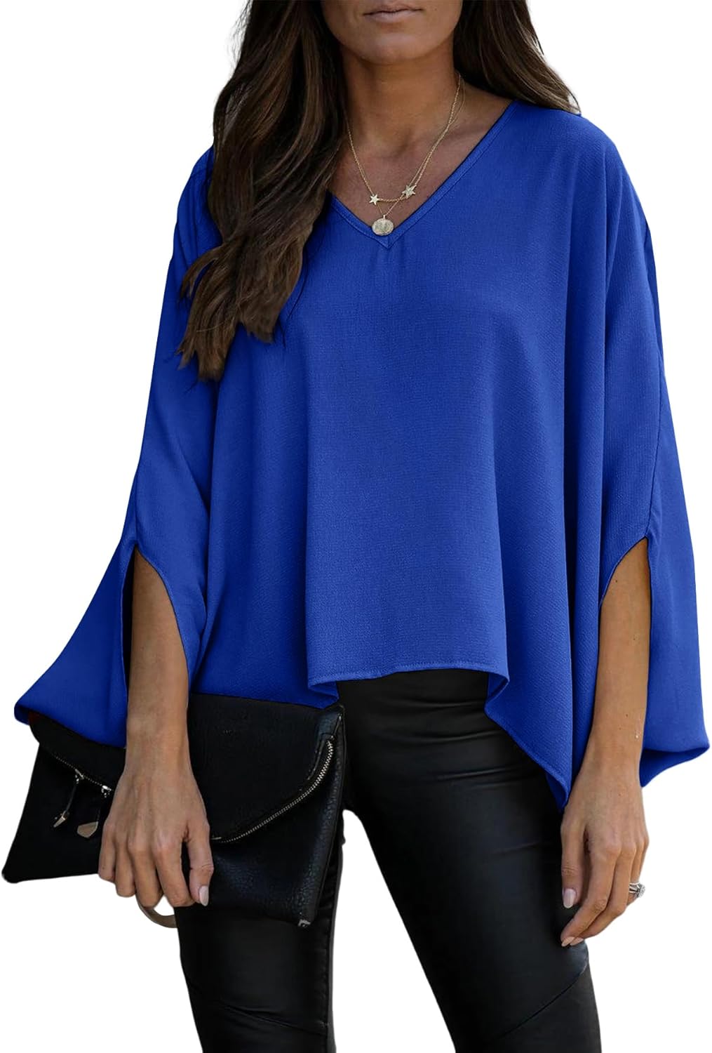Vrtige Women's Casual V Neck Batwing Long Sleeve Blouse Shirt Tunic Tops Solid Royal Blue Small - Image 3