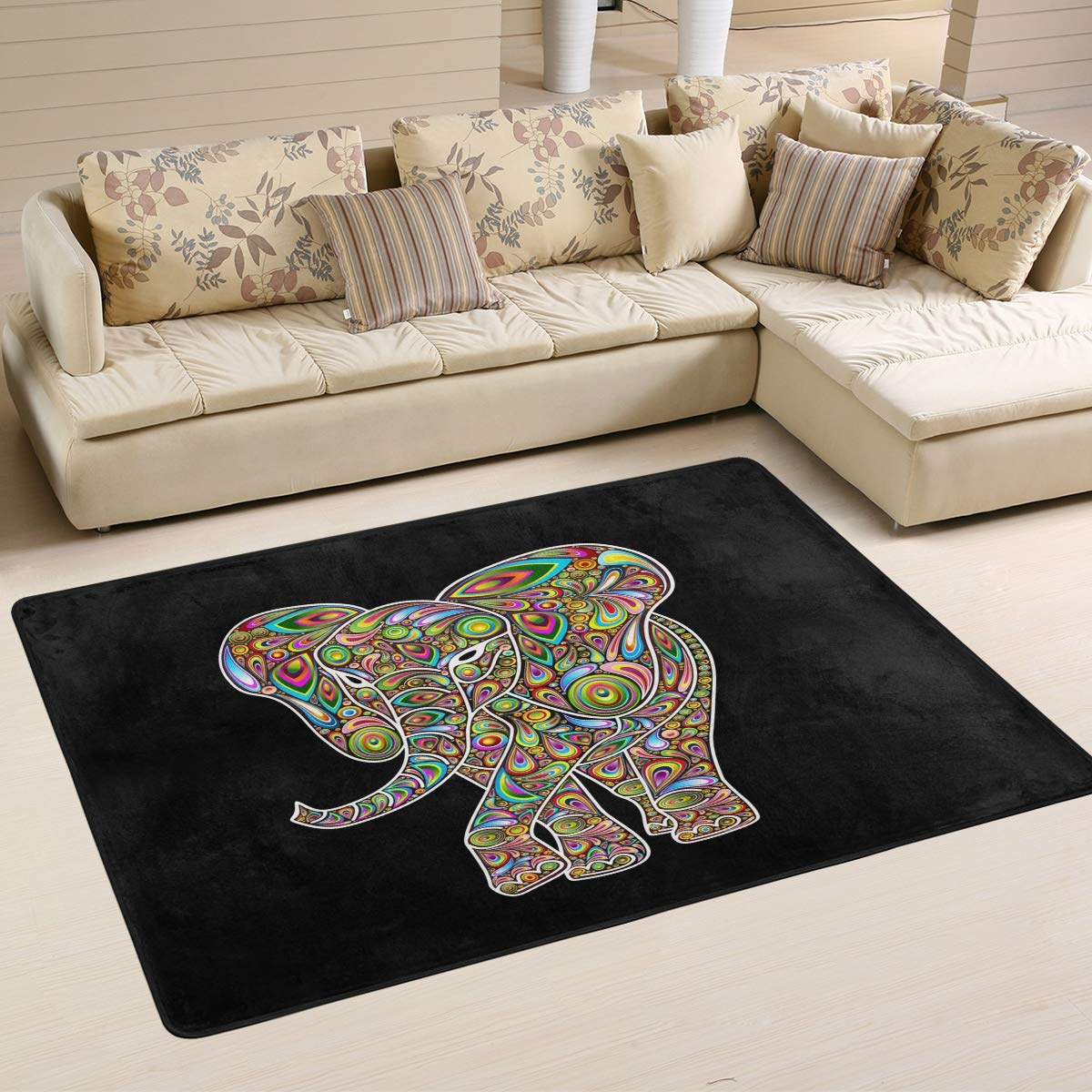 Mnsruu Tapis Ethnique éléphant psychédélique pour Salon Chambre à Coucher Noir, Tissu, Multicolore, 183cm x 122cm(6 x 4 Feet)