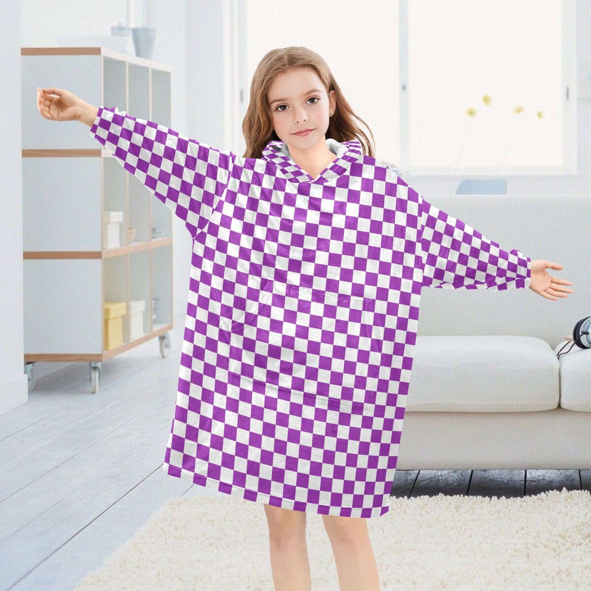 Fioletowa szachownica dziecięca koc do noszenia bluza z kapturem oversize bluza koc sweter vintage kratka dla chłopców i dziewcząt w wieku 3-14 lat