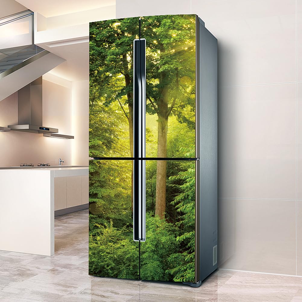 Fridge Stickers, Fridge Sticker Full Covering Door Covers Skins Wall Stickers for Kitchen Decal, Green Tree Jungle Landscape(L: 100x180 cm)