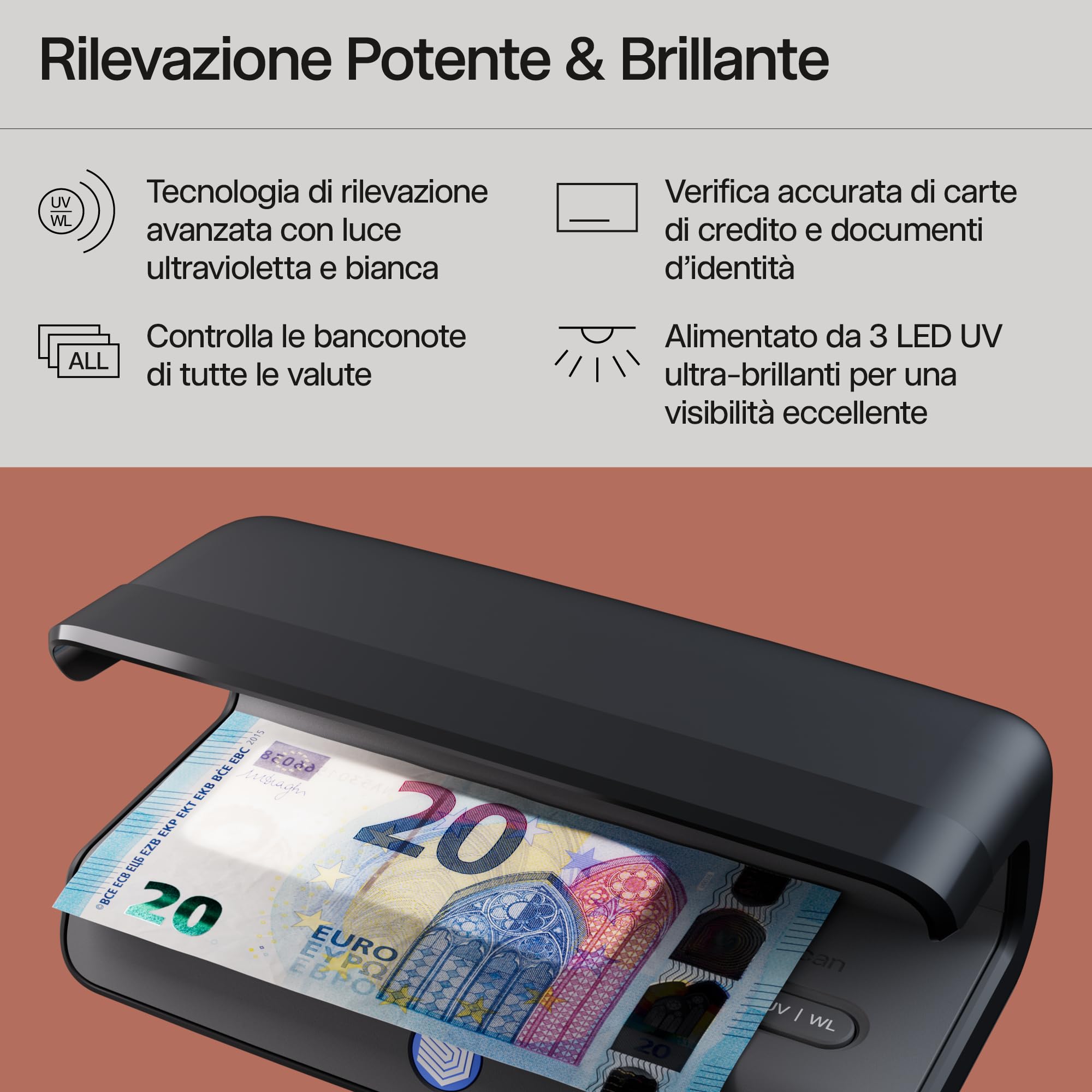 Safescan 75 LED Verifica banconote false con luce UV ultra-luminosa e bianca - Controlla banconote false, carte di credito, documenti d'identità - Tripla rilevazione - Controllo banconote false UV