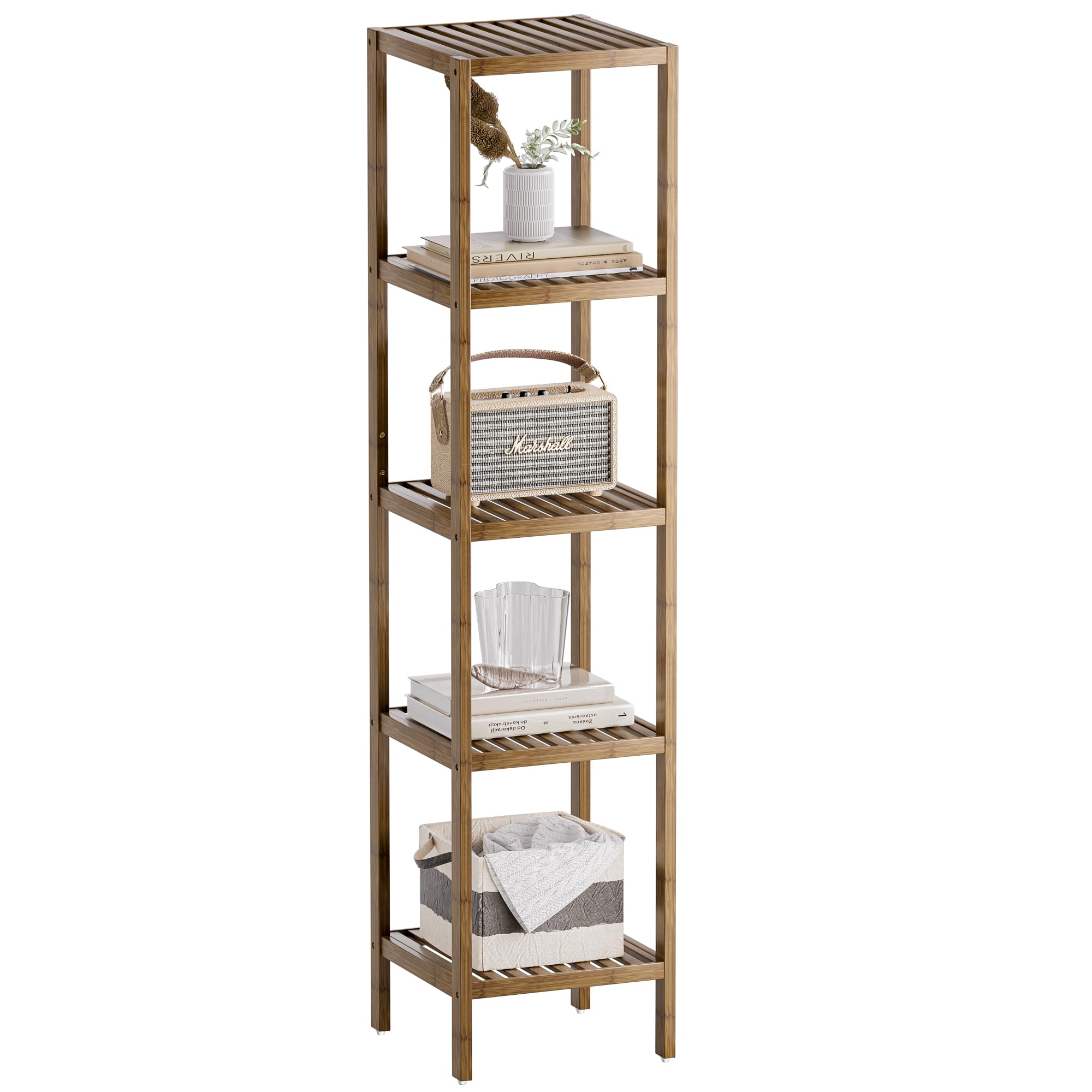 SMIBUY Bathroom Storage Shelf, 5-Tier Bamboo Rack Organizer, Multifunctional Shelving Unit for Living Room Bedroom Kitchen (Walnut)
