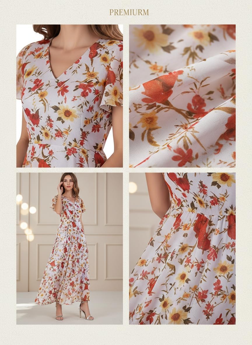 Womens Boho Elegant Floral Maxi Dress V Neck Ruffle Sleeve Chiffon Summer Beach Wedding Guest Dress