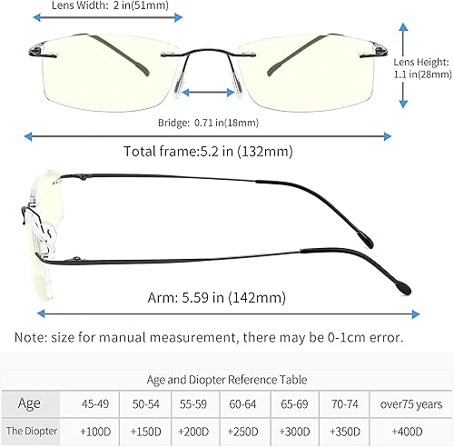 Miniatura 2 de touk Gafas de lectura sin montura de titanio, bloqueo de luz azul, bloqueo UV, bisagras de resorte ligeras, lectores de computadora para hombres,