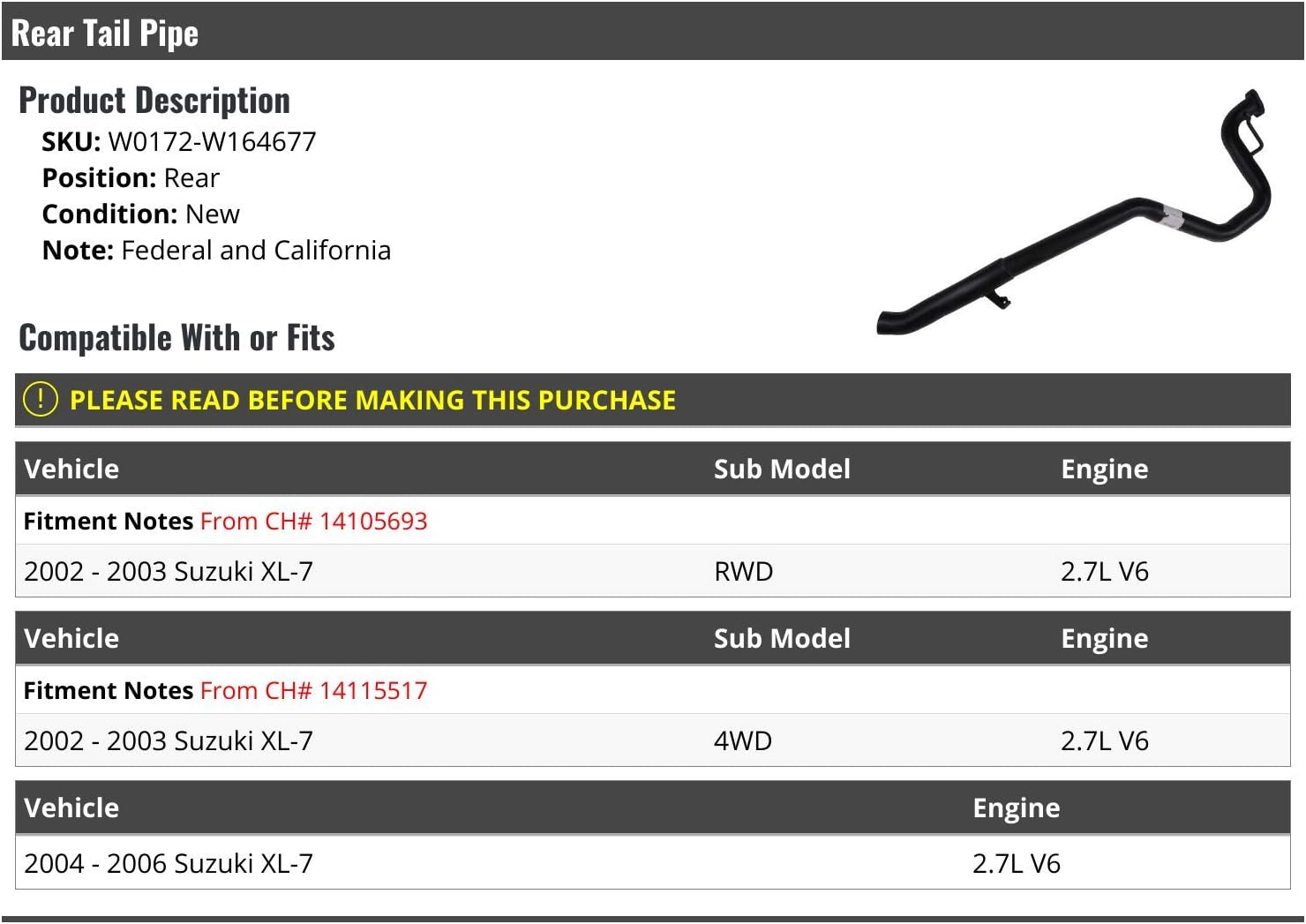 Rear Tail Line - Compatible with 2002-2006 Suzuki XL-7 2.7L V6 (Federal and California Emissions)