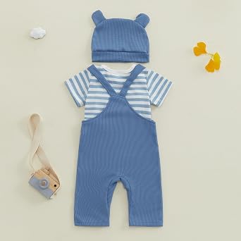 Newborn Baby Boy Clothes Cute Outfit Striped Short Sleeve Romper +Animal Embroidery Overalls + Hat for Boys 3Pcs 0 18 Months Spring Summer