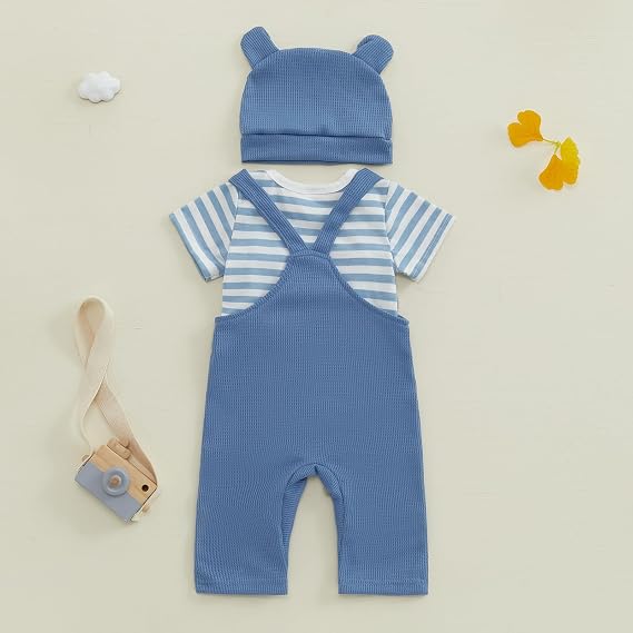 Newborn Baby Boy Clothes Cute Outfit Striped Short Sleeve Romper +Animal Embroidery Overalls + Hat for Boys 3Pcs 0 18 Months Spring Summer