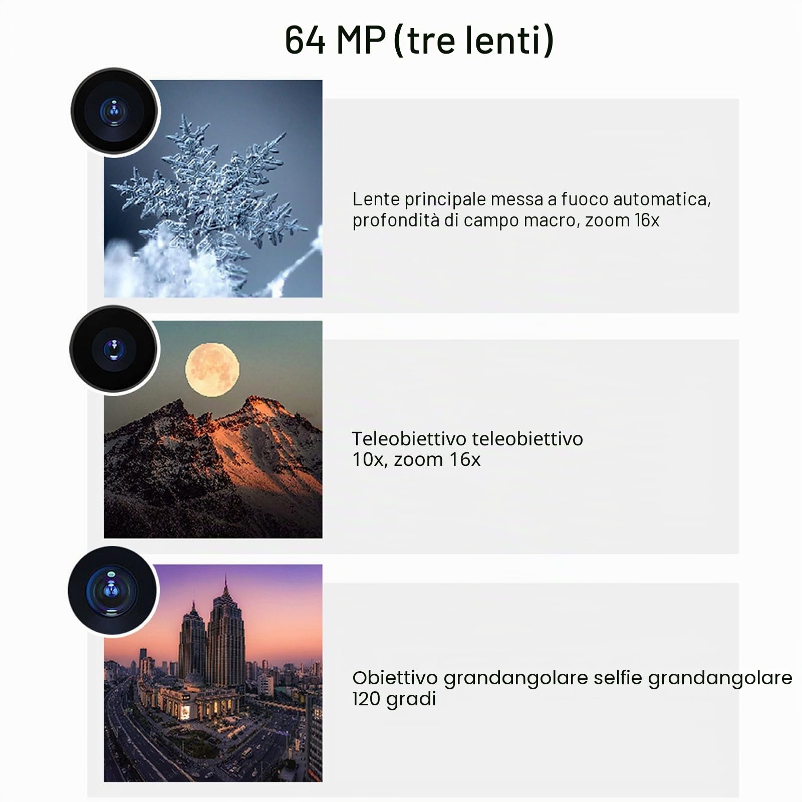 Fotocamera Digitale 4K da 64 MP, Fotocamera Compatta Inquadra e Scatta con Zoom 16X con Schermo Full Touch OLED da 3, 3 Obiettivi HD, Supporta Sveglia, Riproduzione Musicale,