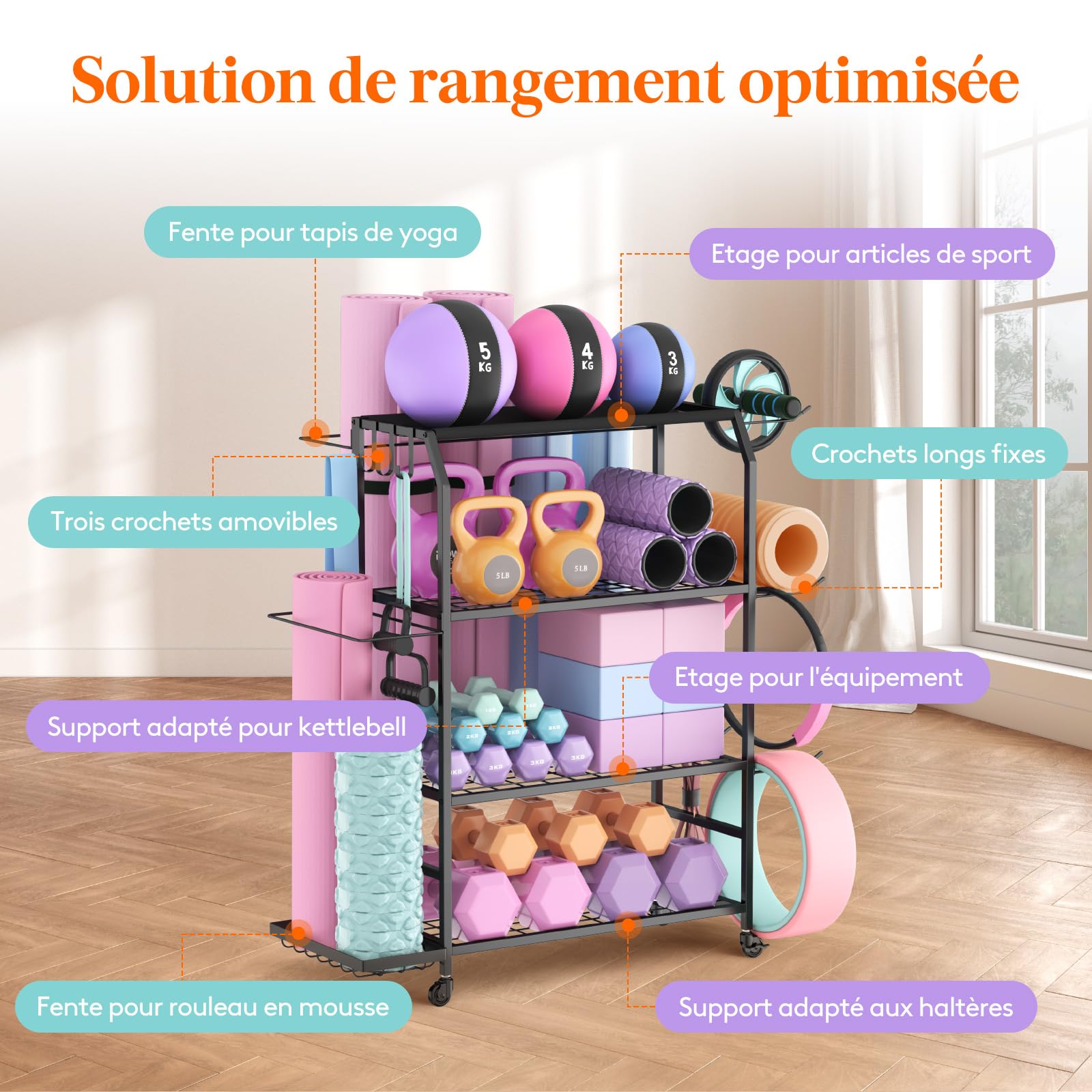 Support à Tapis De Yoga Avec Crochets – Rangement équipement Gym Maison, Métal/bois, Noir