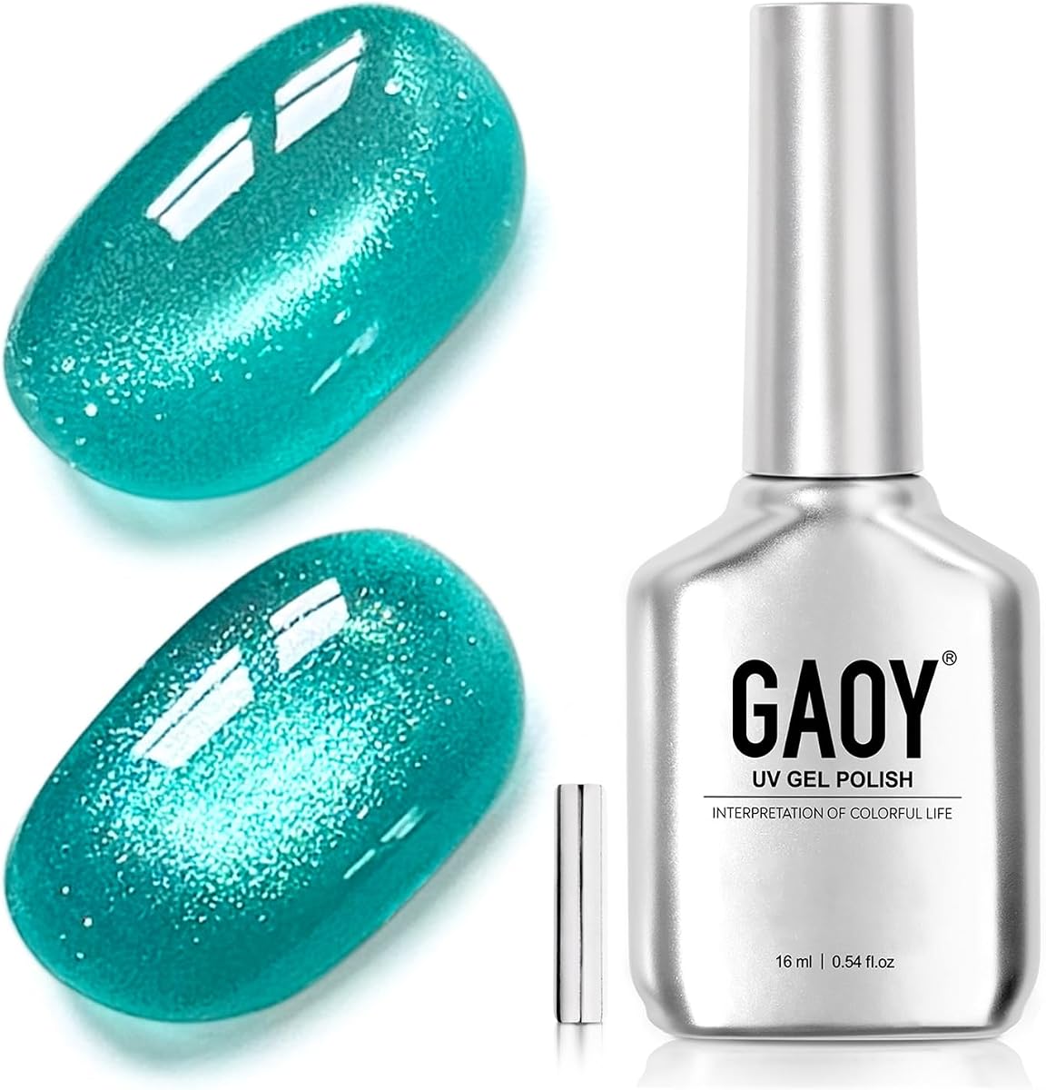 GAOY Blue Green Cat Eye Gel Nail Polish, 16ml Holographic Glitter Gel with Magnet, Reflective Translucent UV Light Cure for Nail Art DIY, 4396 Turquoise Teal