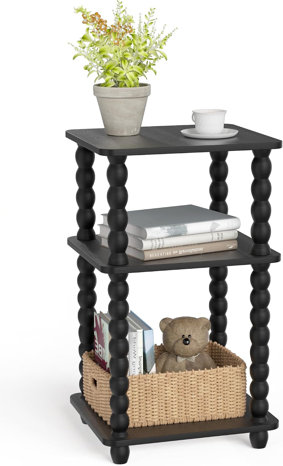 Tohiasen 3 Tier Side Table - Compact End Table with Solid Spindle Wood Legs